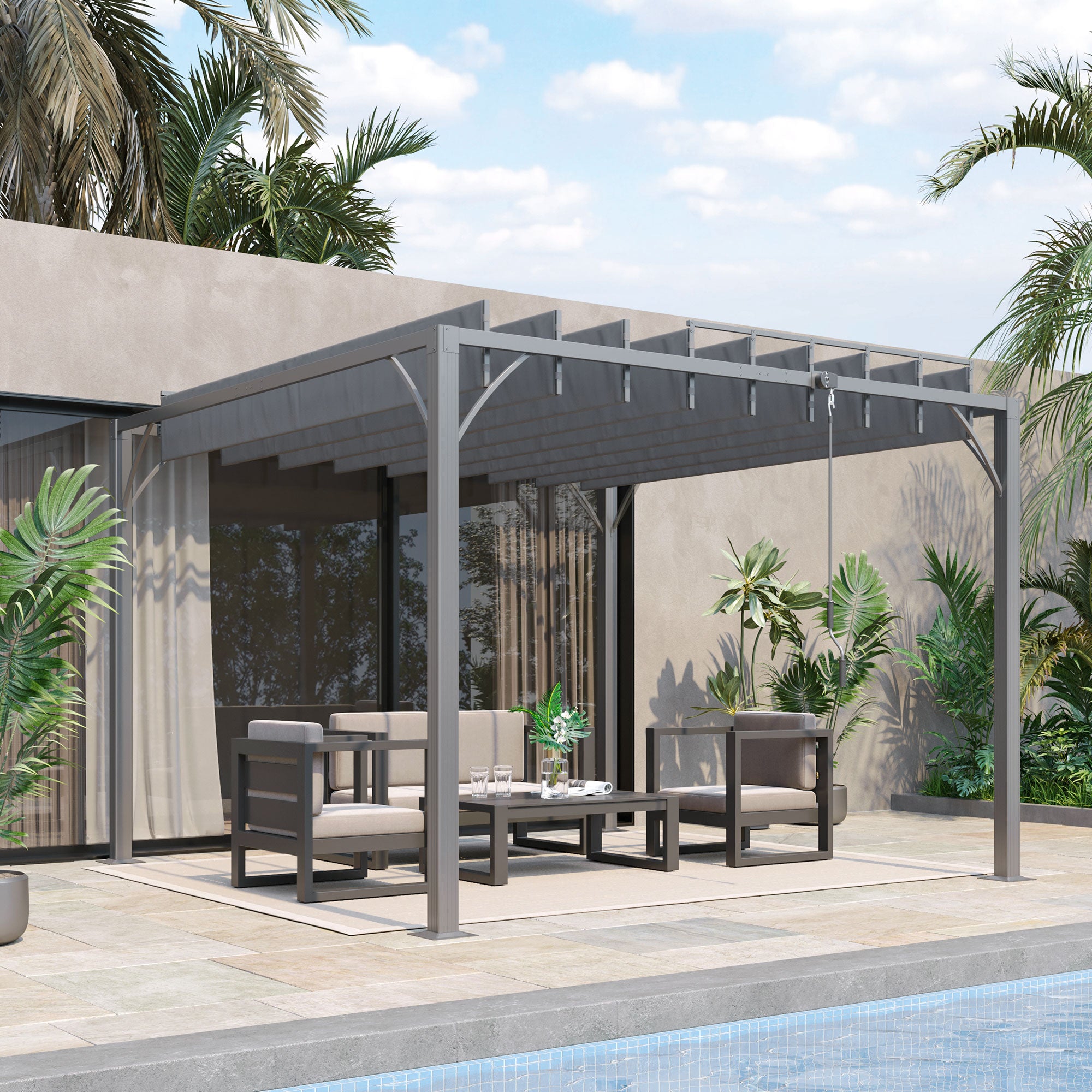 Outsunny 3 x 3(m) Outdoor Pergola with Retractable Roof, Aluminium Louvered Patio Gazebo Canopy for Lawn Garden Patio, Grey - North Peak Garden Furniture