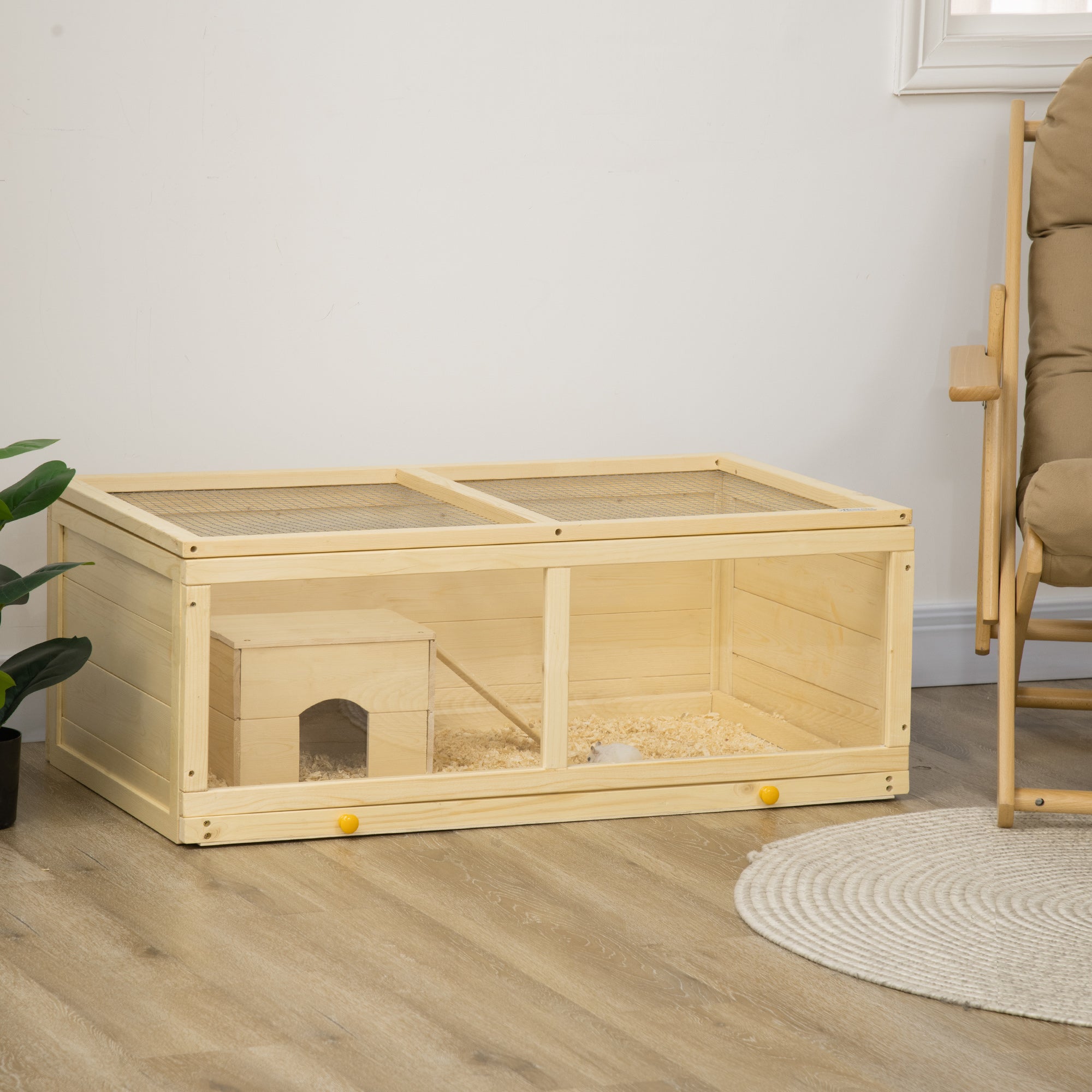 PawHut Wooden Hamster Cage with Sliding Tray, Openable Top, Hut for Syrian Hamsters, Natural Wood - North Peak Garden Furniture
