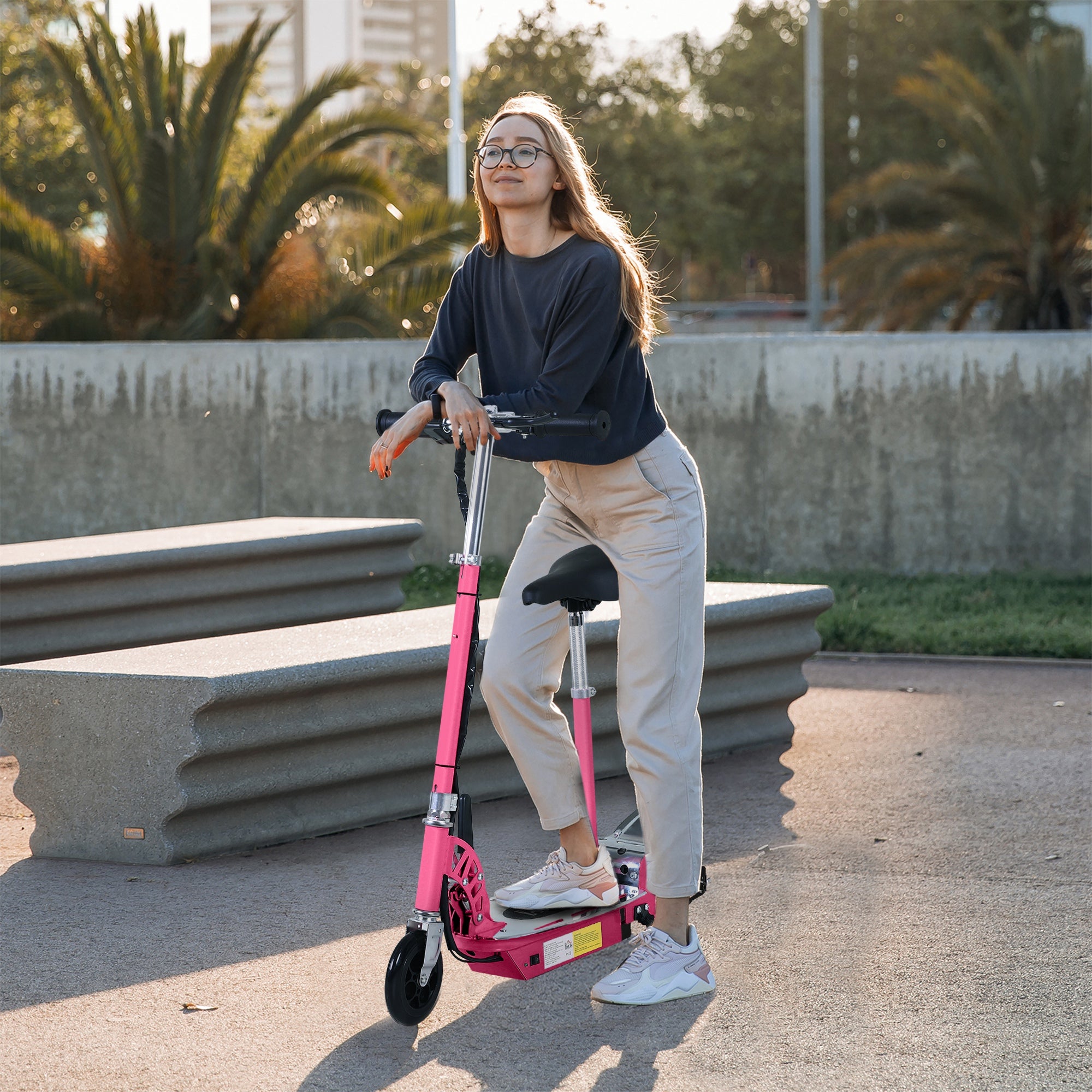 HOMCOM 120W Foldable Powered Scooters with 24V Rechargeable Battery, Adjustable Ride on Toy (Pink)