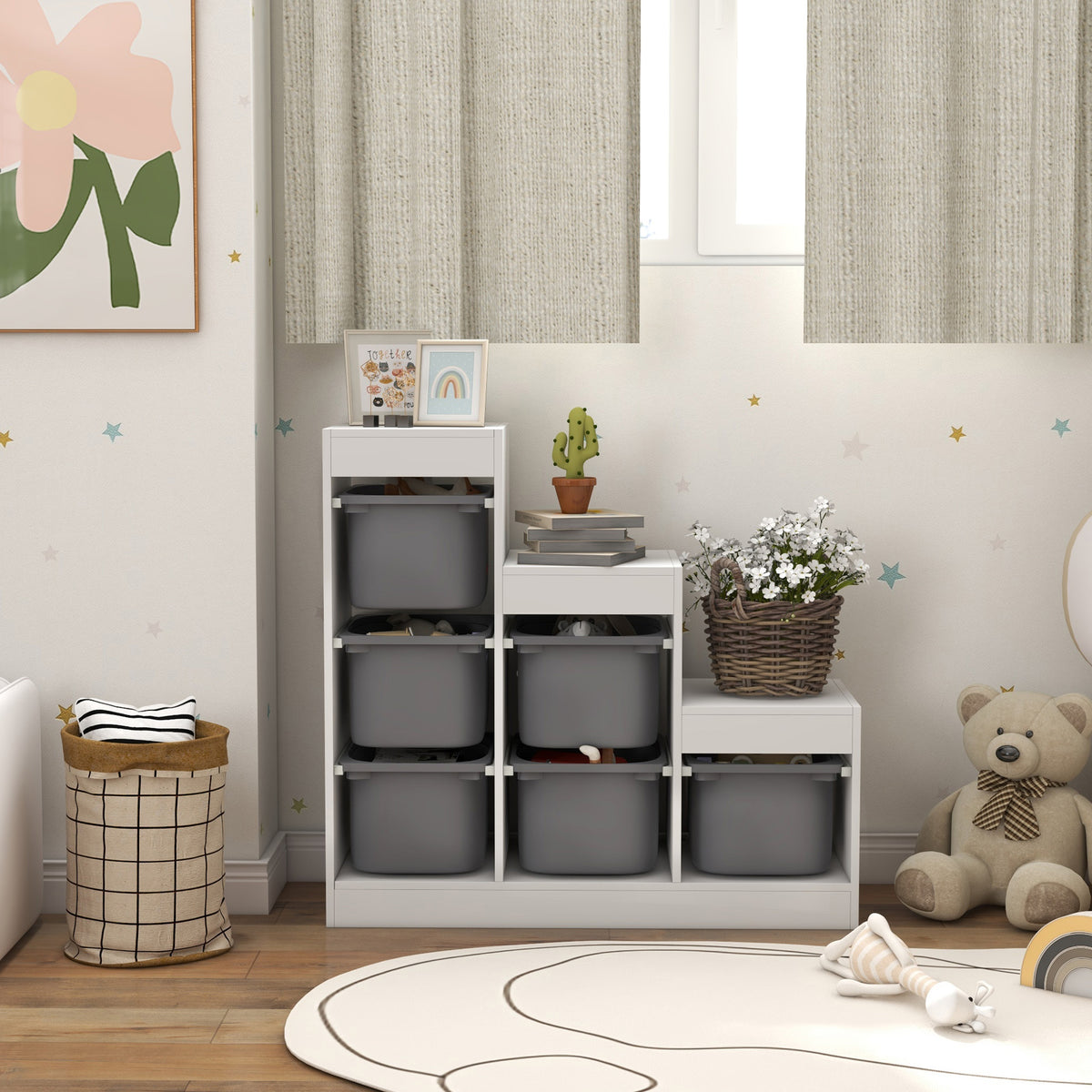 AIYAPLAY Toy Storage Organiser, Three-Layer Kids Toy Storage Units, with Removable Bins, for Ages 3-8 Years, Grey