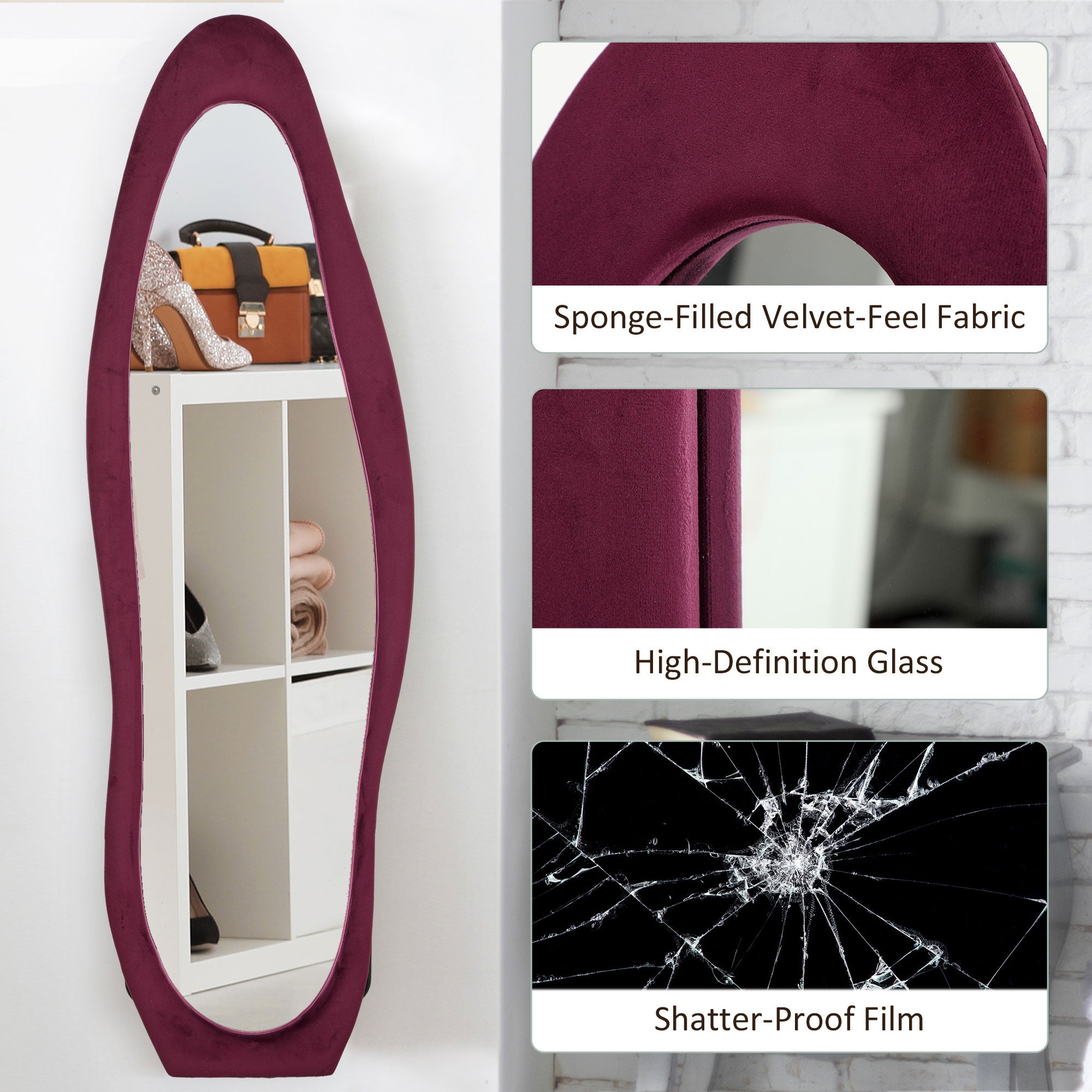 HOMCOM Wavy Velvet-Feel Full Length Mirror - Wine Red - North Peak Garden Furniture