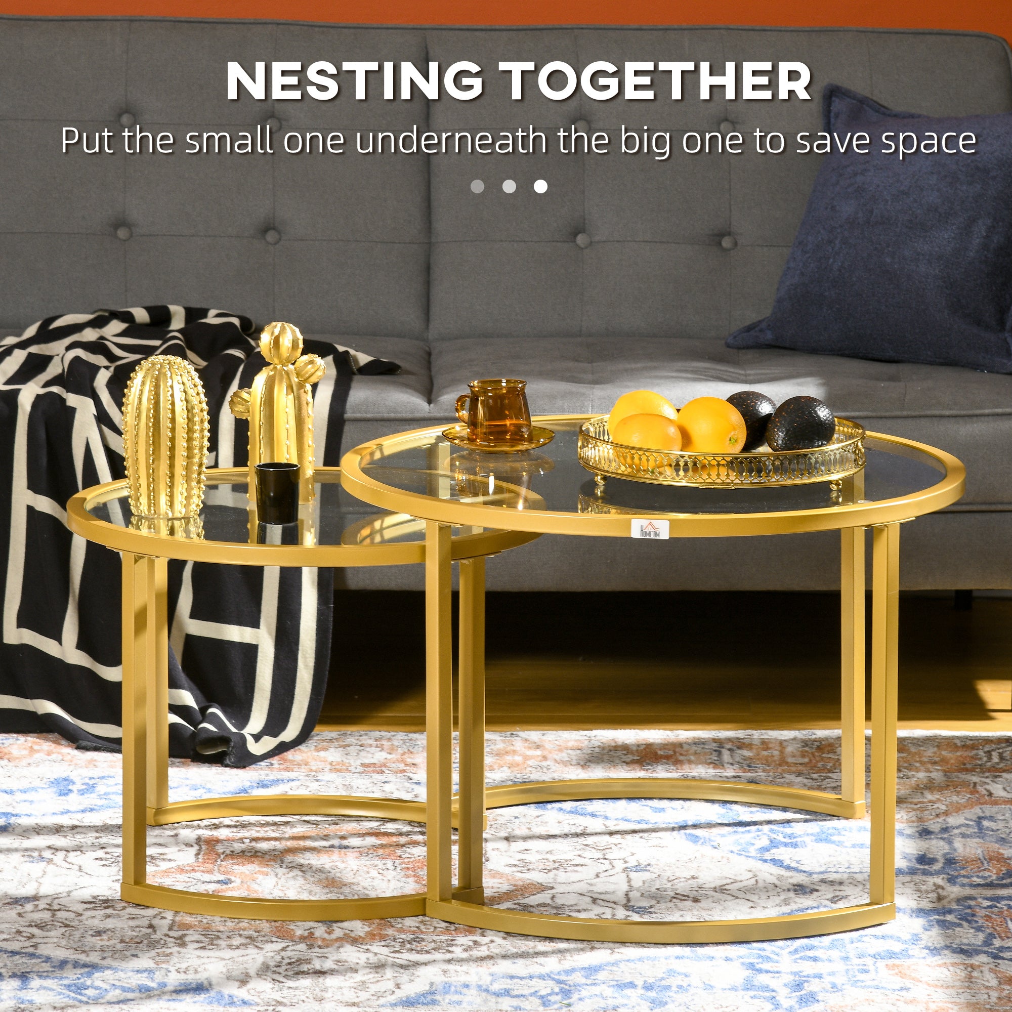 HOMCOM Coffee Table Set of 2, Modern Nest of Tables with Tempered Glass Top, Steel Frame for Living Room, Gold Tone - North Peak Garden Furniture