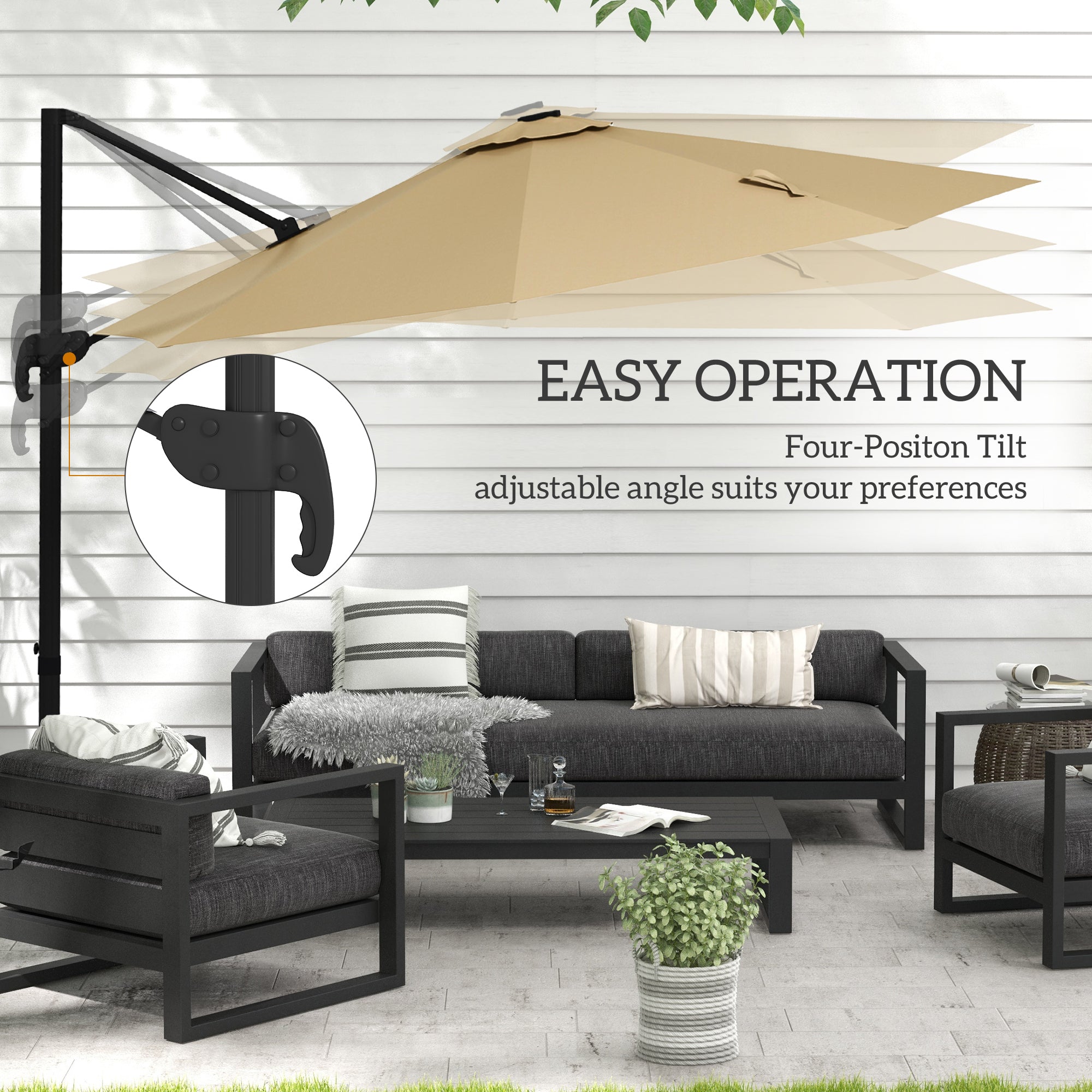 Outsunny 3(m) Adjustable Cantilever Parasol with Base, Solar LED Lights, Khaki - North Peak Garden Furniture