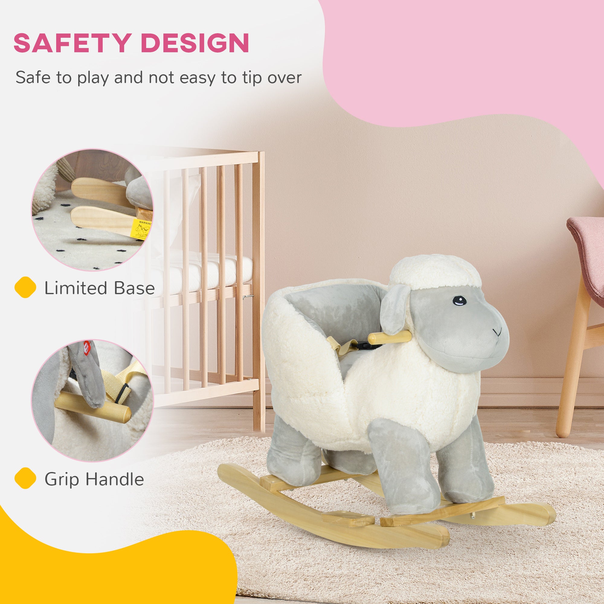 AIYAPLAY Rocking Horse, Ride on Lamb with Safety Belt, Sound, for Ages 1-3 Years, Grey