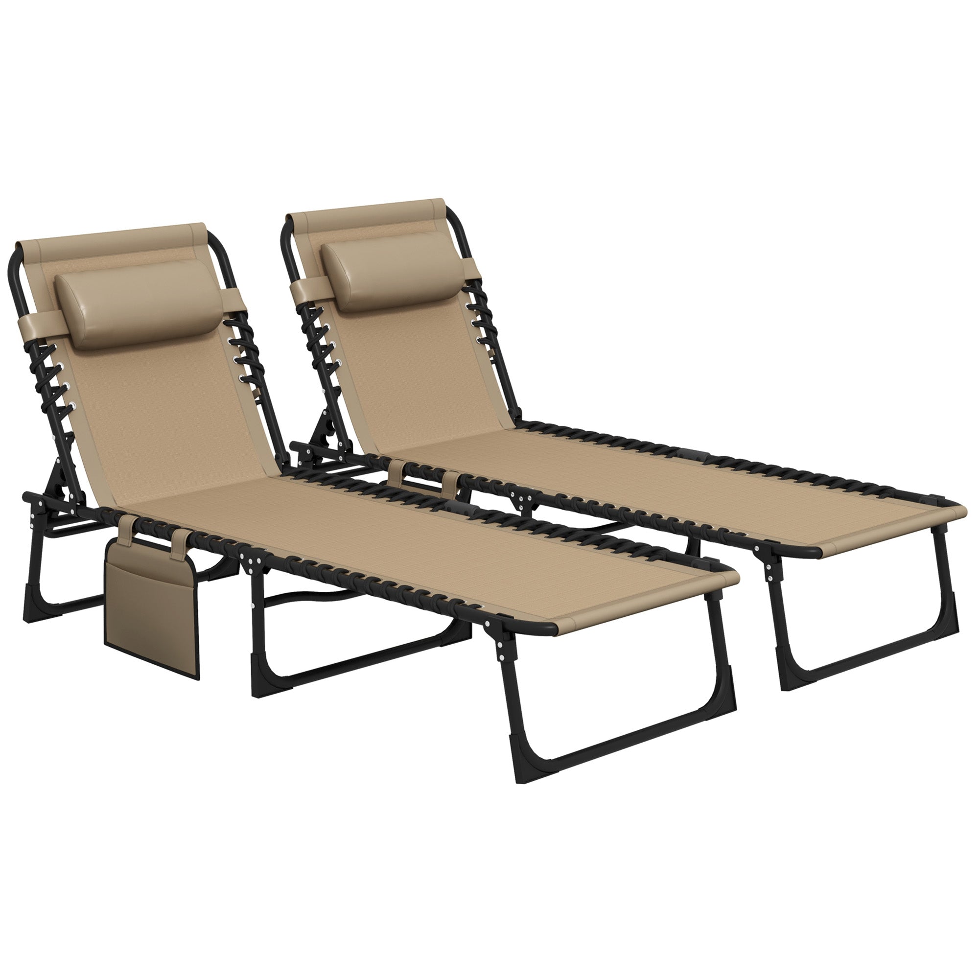 Outsunny Portable Sun Lounger Set of 2, Folding Camping Bed Cot, Reclining Lounge Chair 5-position Adjustable Backrest with Side Pocket, Pillow for Patio Garden Beach Pool, Beige - North Peak Garden Furniture