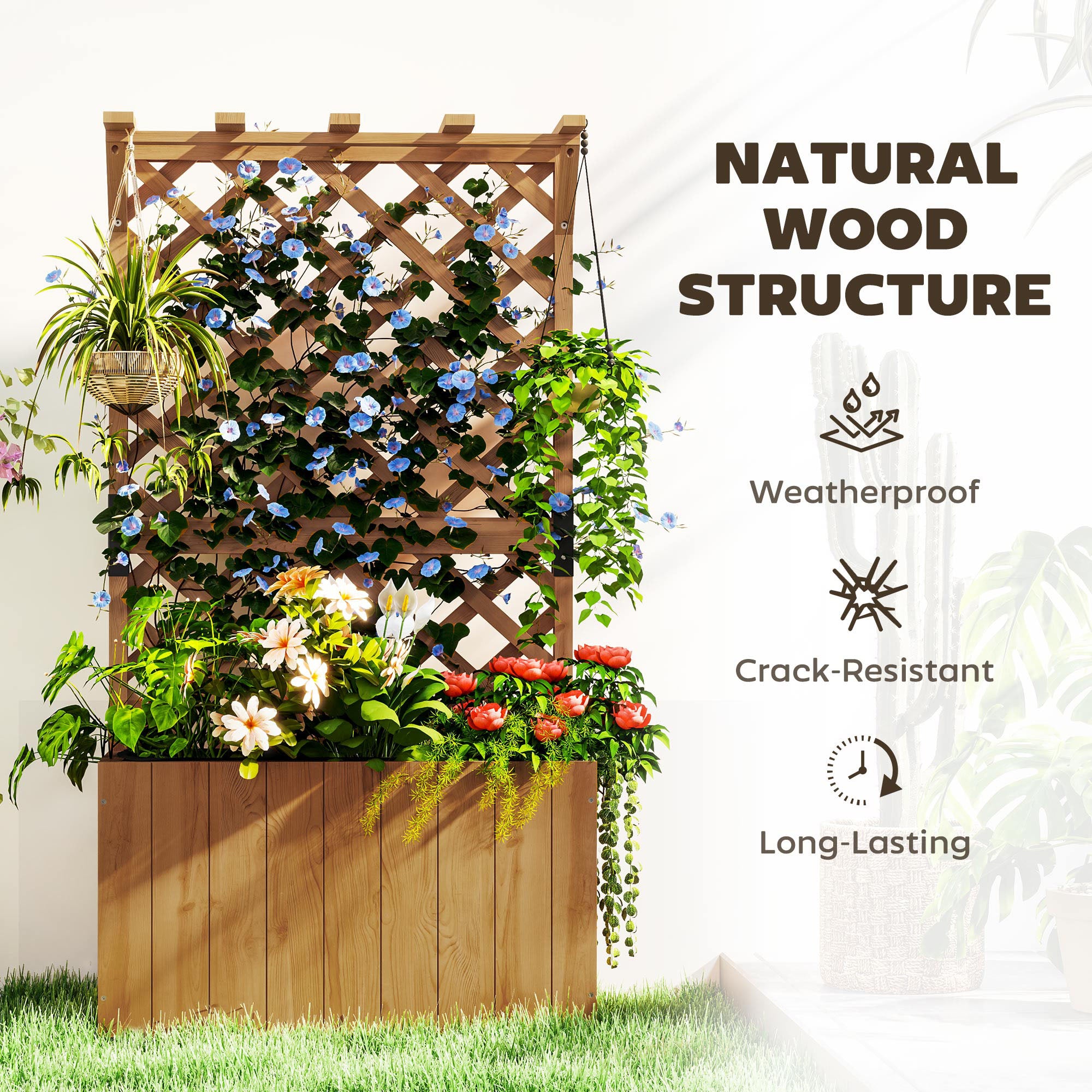 Outsunny Wooden Planter with Trellis, Freestanding Raised Garden Bed with Drainage Holes, Outdoor Planter Box with Liner for Vegetables, Herbs and Flowers, Natural - North Peak Garden Furniture