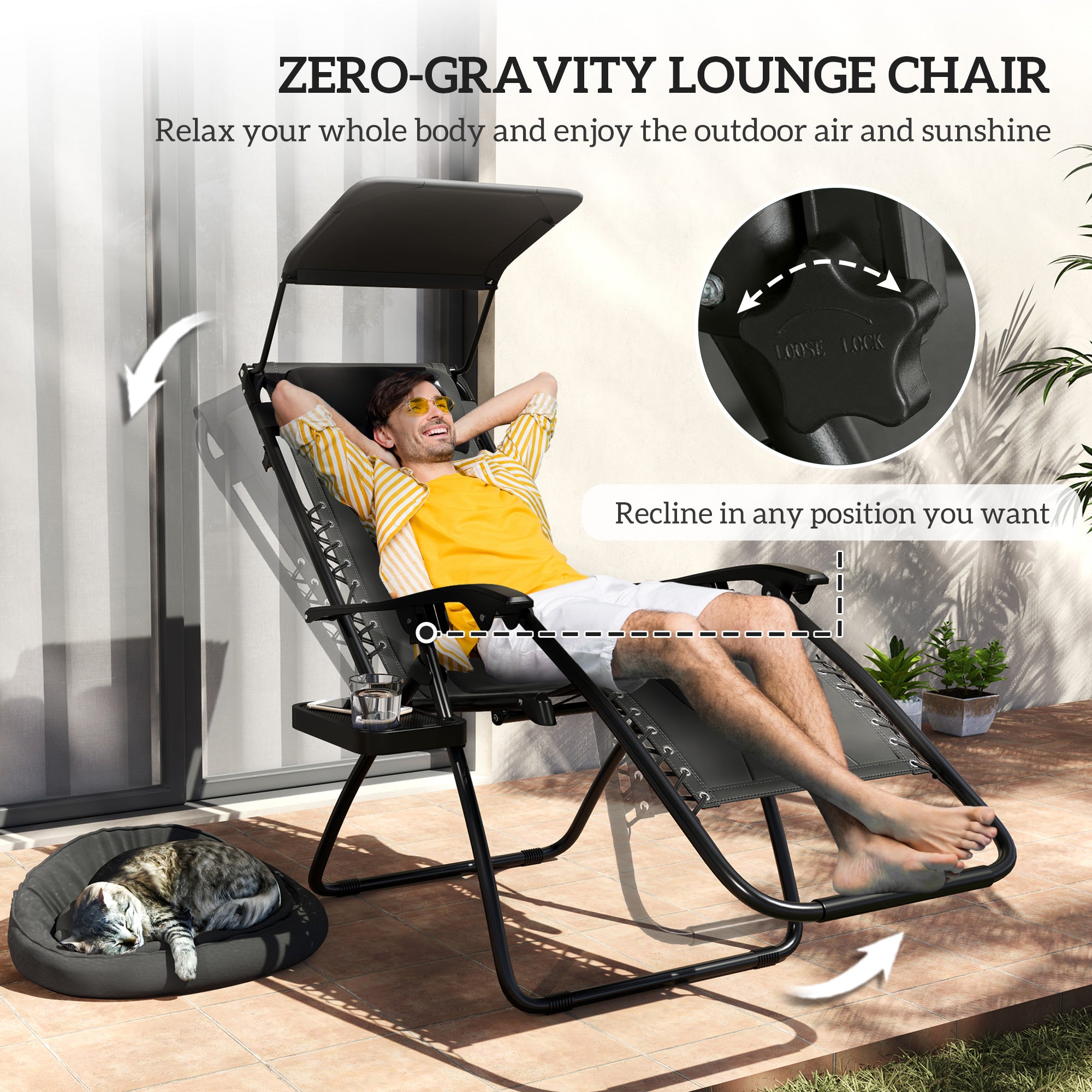 Outsunny Zero Gravity Lounger Chair Set of 2, Folding Reclining Patio Chair with Shade Cover, Padded Seat, Cup Holder, Soft Cushion and Headrest for Poolside, Camping, Black - North Peak Garden Furniture