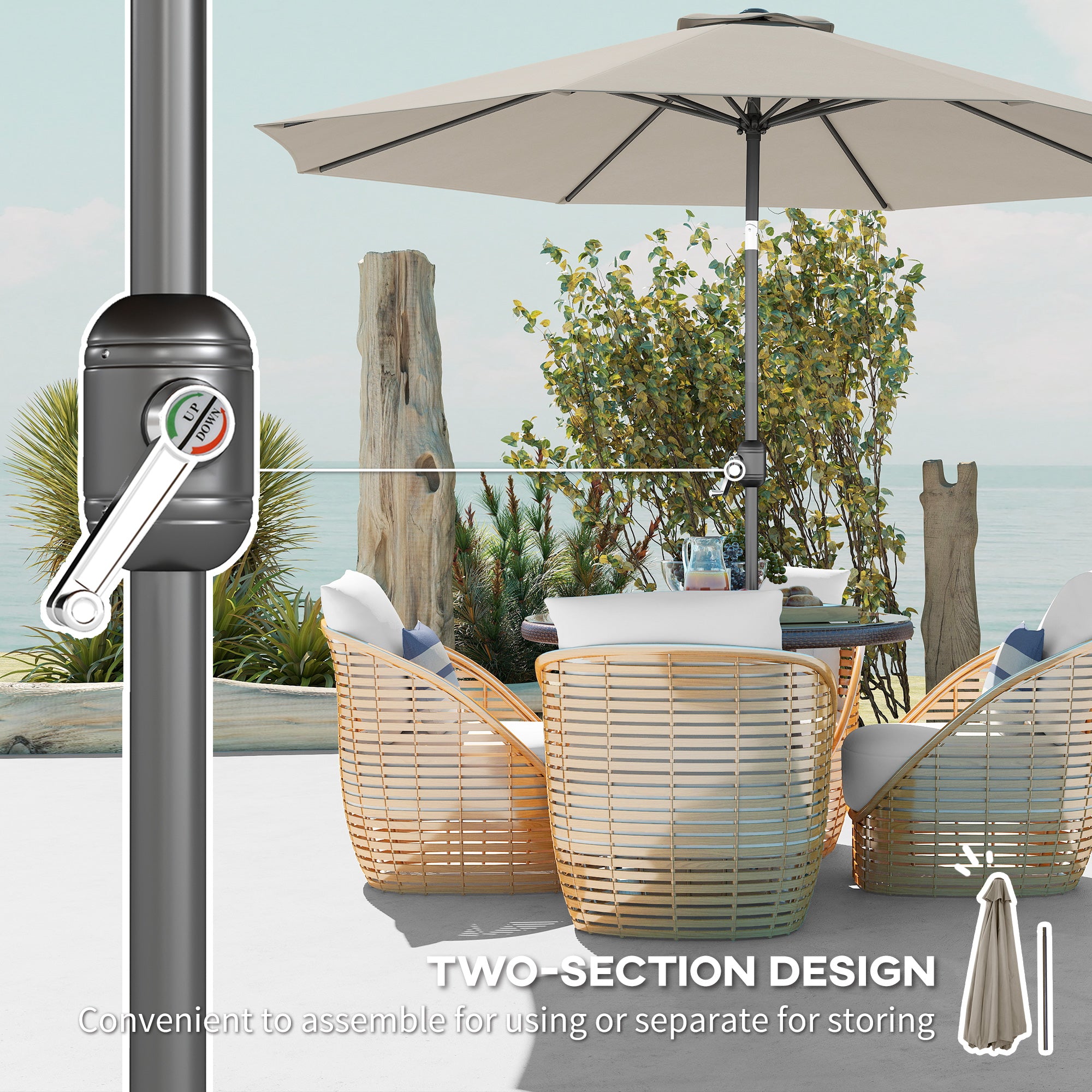 Outsunny 3(m) Tilting Parasol Garden Umbrellas, Outdoor Sun Shade with 8 Ribs, Tilt and Crank Handle for Balcony, Bench, Garden, Light Grey