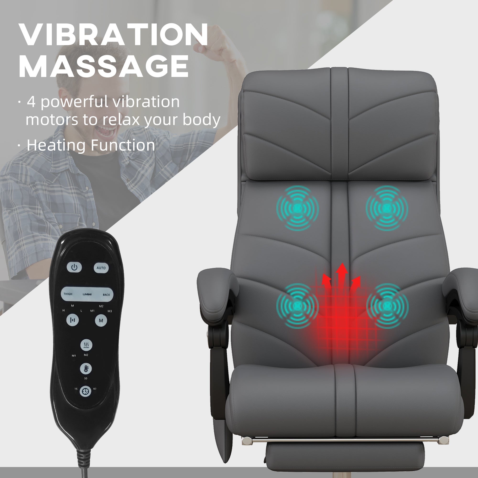 Vinsetto High Back Vibration Massage Office Chair, Heated Reclining PU Leather Computer Chair with Footrest, Grey - North Peak Garden Furniture