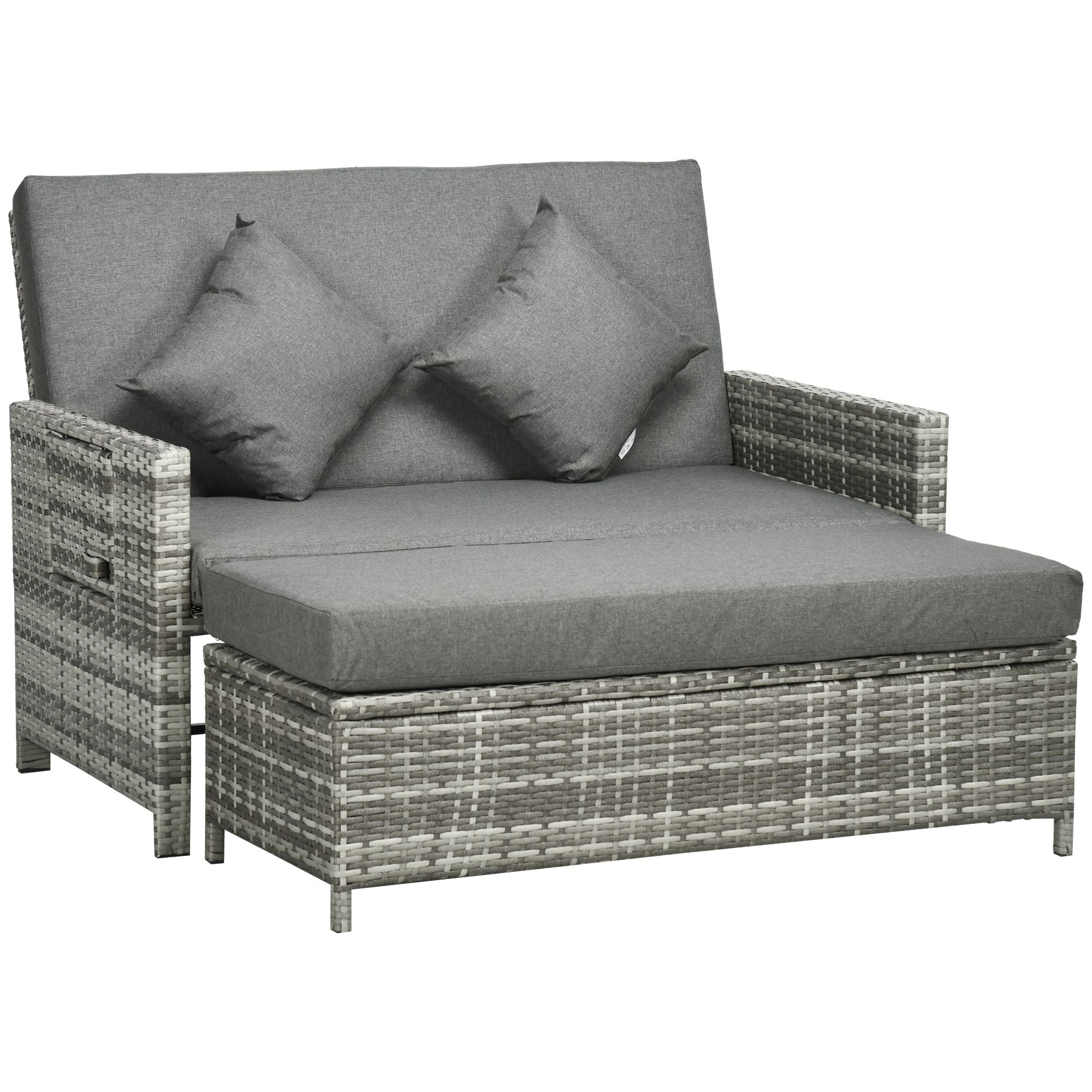 Outsunny 2 Seater Assembled Garden Patio Outdoor Rattan Furniture Sofa Sun Lounger Daybed with Fire Retardant Sponge - Grey - North Peak Garden Furniture