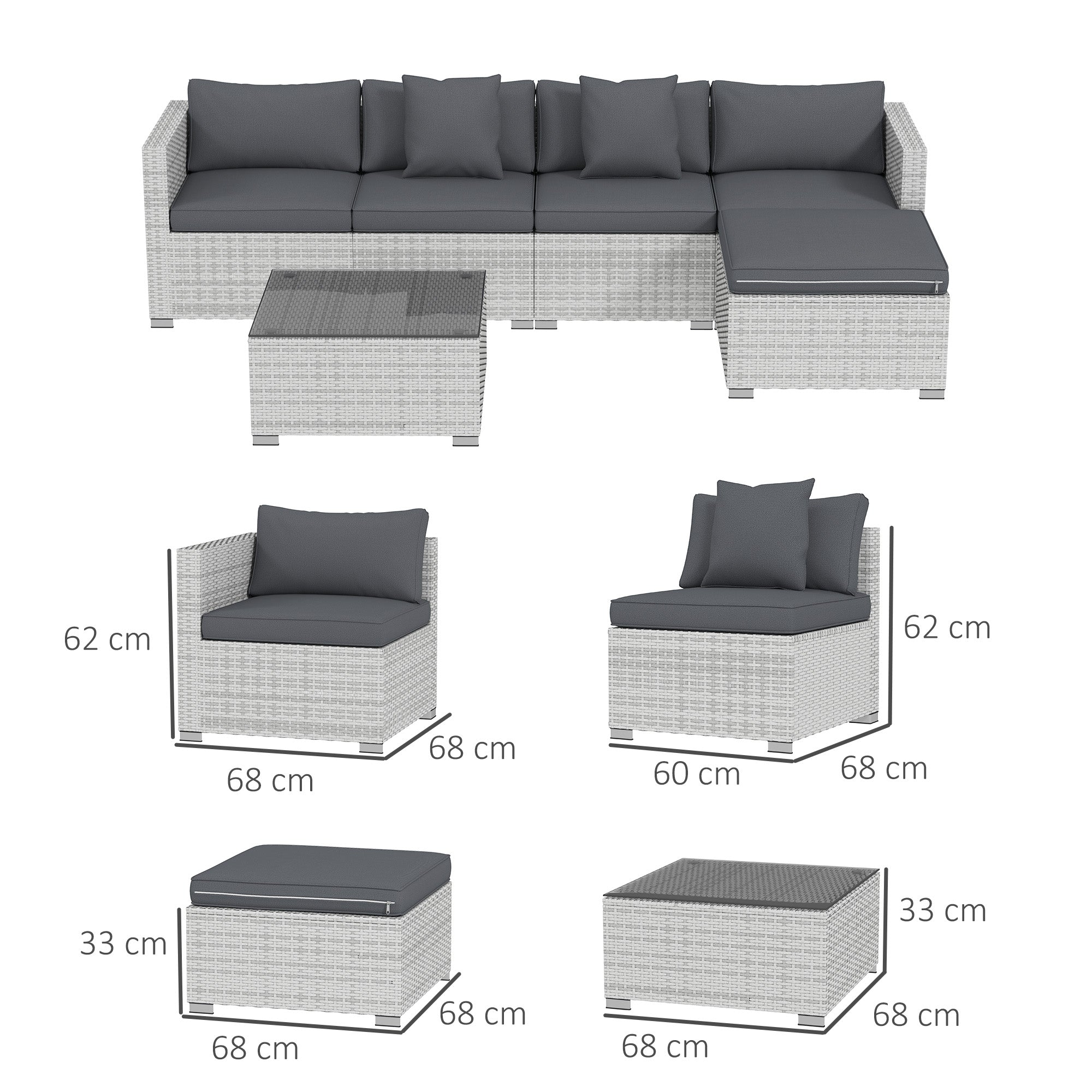 Outsunny 6 Pieces Rattan Corner Sofa Set - Mixed Grey - North Peak Garden Furniture
