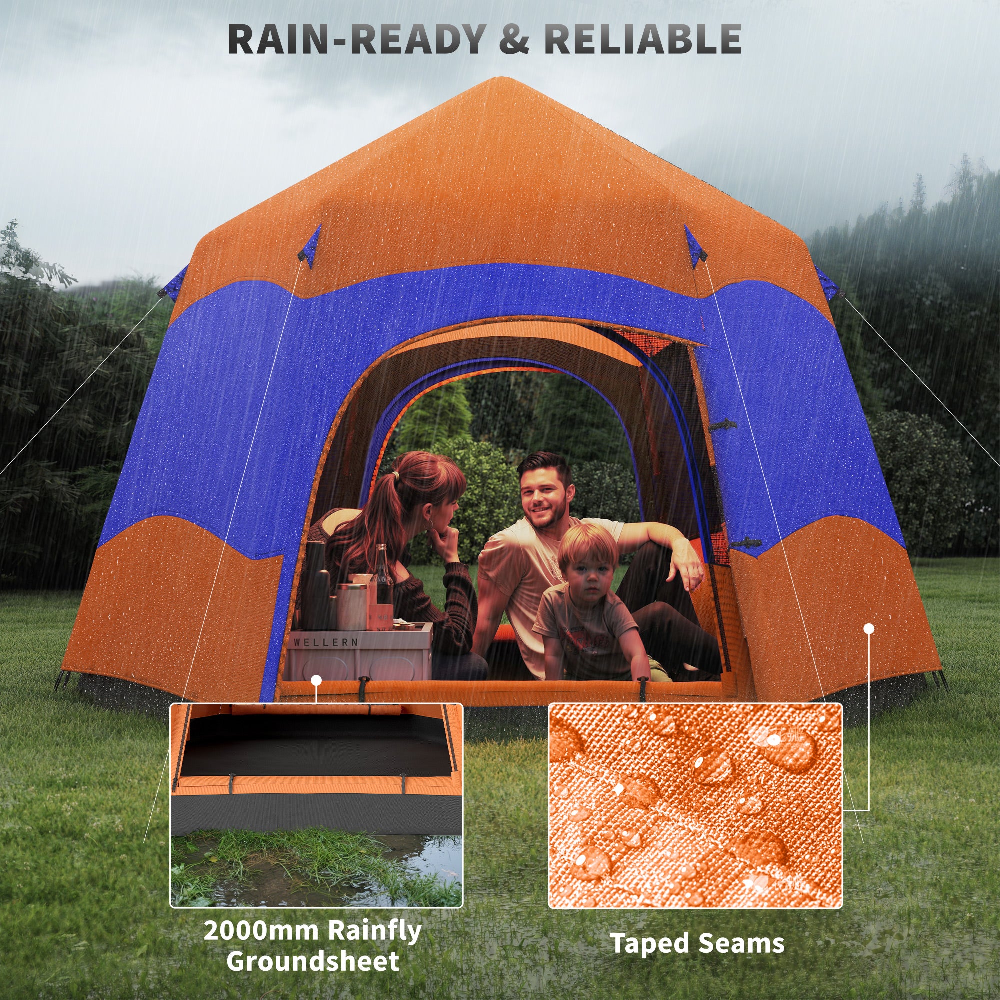 Outsunny Double Layer Dome Tent with Rainfly and Welded Floor, 4 Man Hexagon Pop Up Tent, Portable Camping Shelter with Hang Hook and Carry Bag, for Festival Hiking Family, Orange and Blue