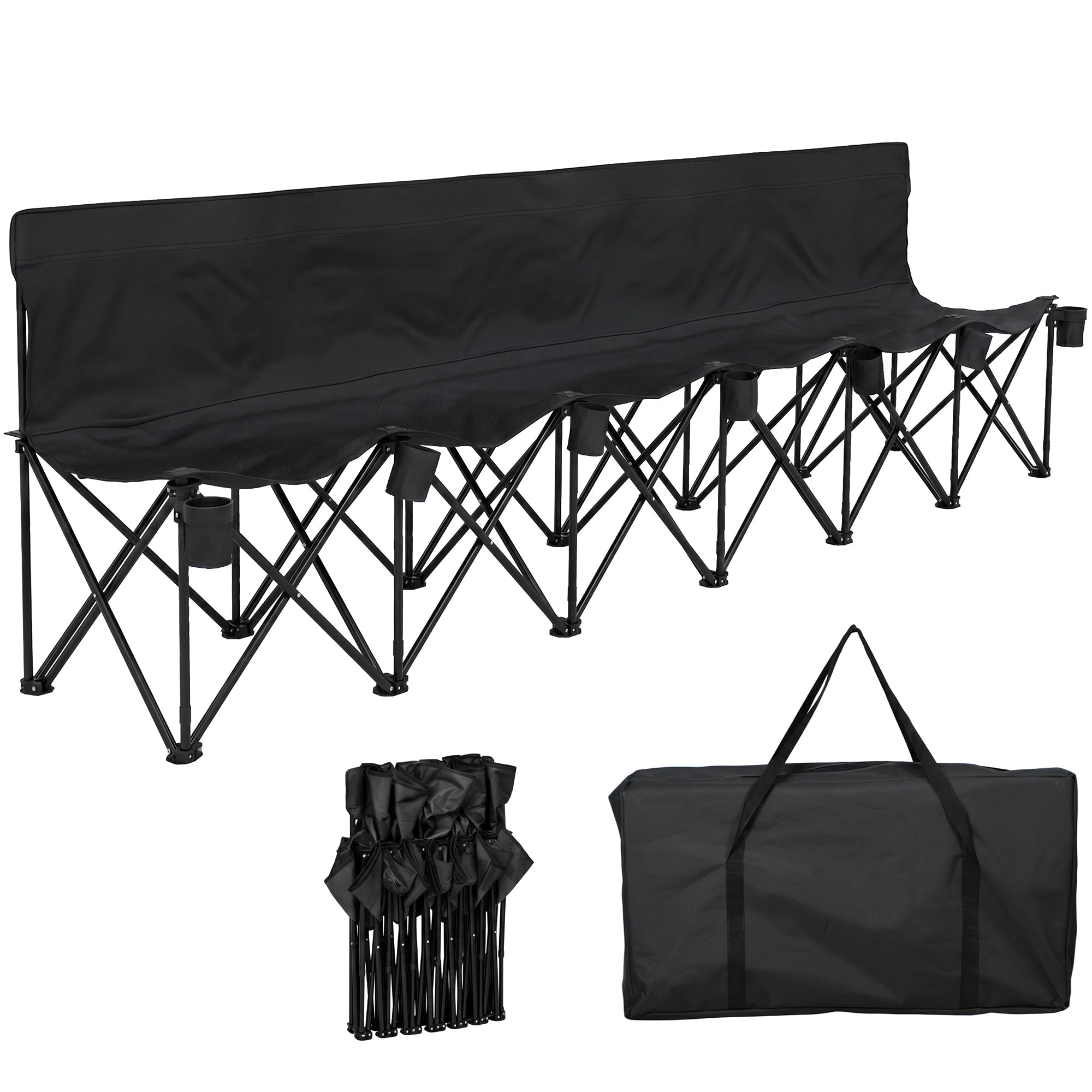 Outsunny 6 Seater Folding Bench, Outdoor Camping Chair Portable Sports Spectator Chair with Steel Frame, Cup Holder & Carry Bag, Black