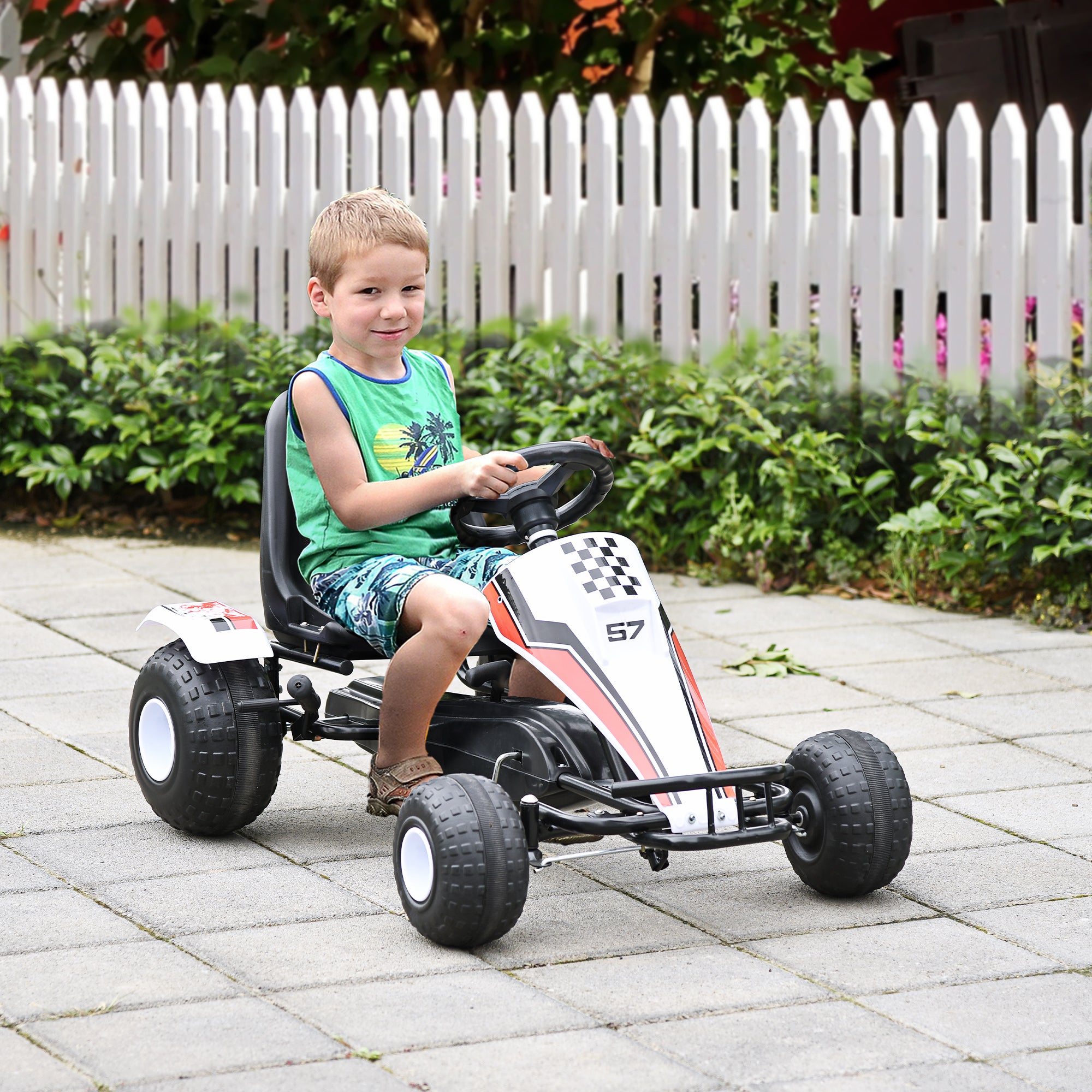 HOMCOM Kids Children Pedal Go Kart Manual Ride On Car w/ Brake Gears Steering Wheel Adjustable Seat 4 Smooth Wheels Racing-Style White 104 x 66 x 57 cm - North Peak Garden Furniture
