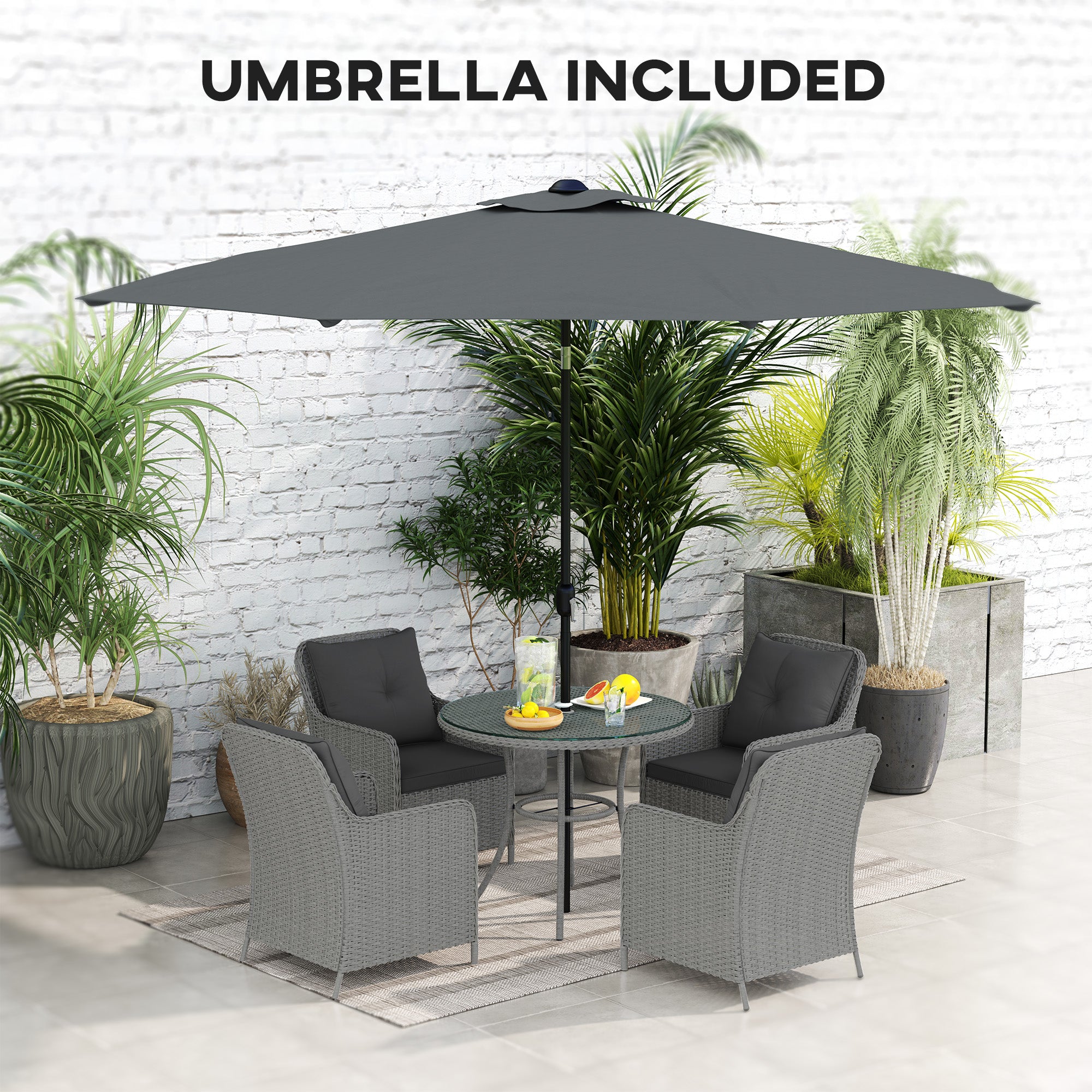 Outsunny 4 Seater Rattan Dining Set with Parasol & Cushions - Light Grey - North Peak Garden Furniture