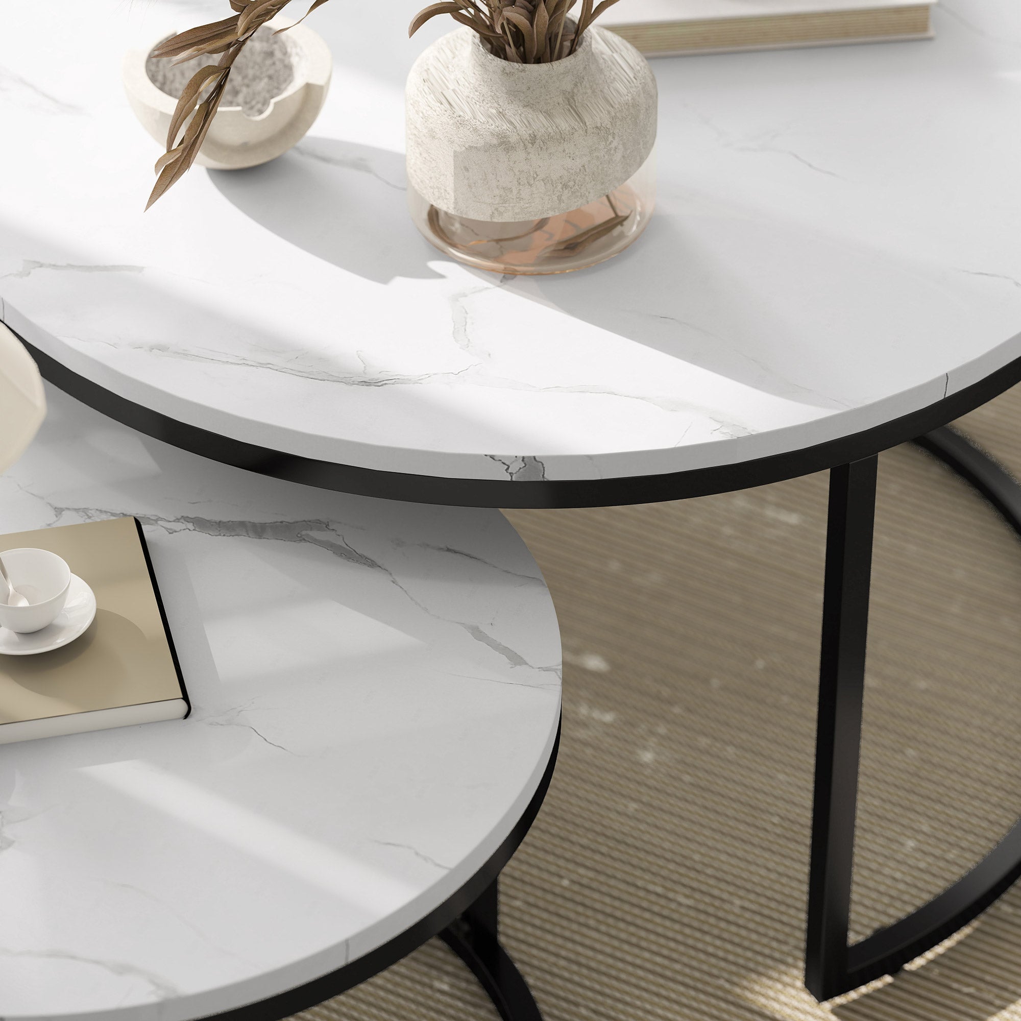 HOMCOM Set of Two Marble-Effect Stacking Tables - Black/White - North Peak Garden Furniture