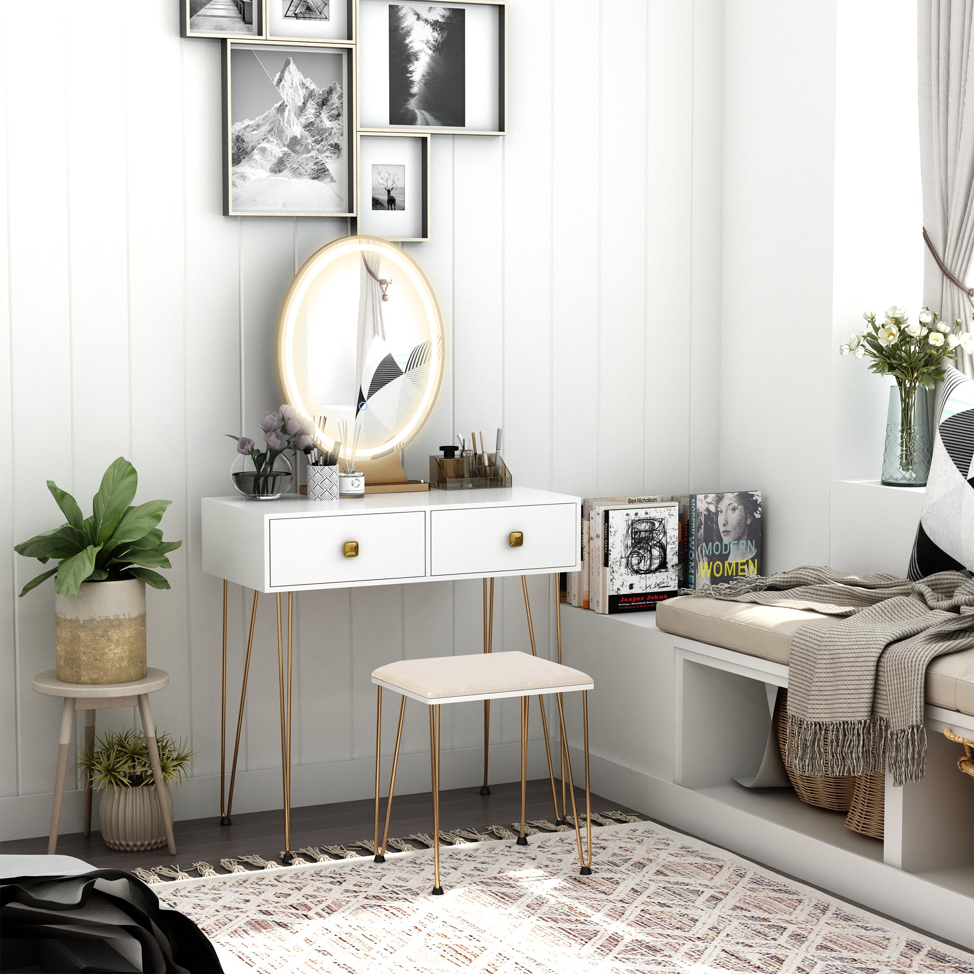 HOMCOM Dressing Table Set with LED Light, Round Mirror, Vanity Makeup Table with 2 Drawers and Cushioned Stool for Bedroom, White - North Peak Garden Furniture