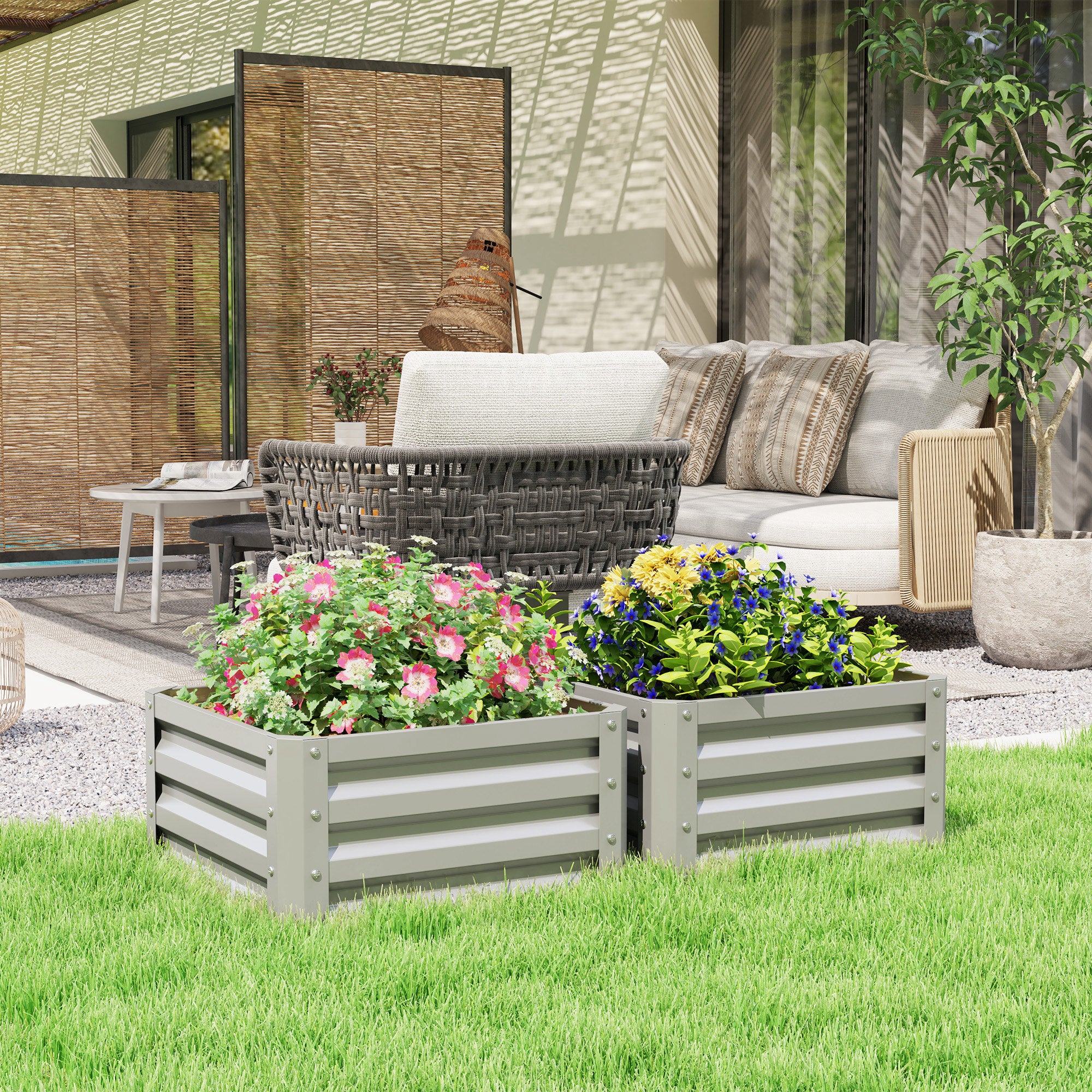 Outsunny Set of Two 60 x 60cm Steel Planter Boxes - Light Grey - North Peak Garden Furniture