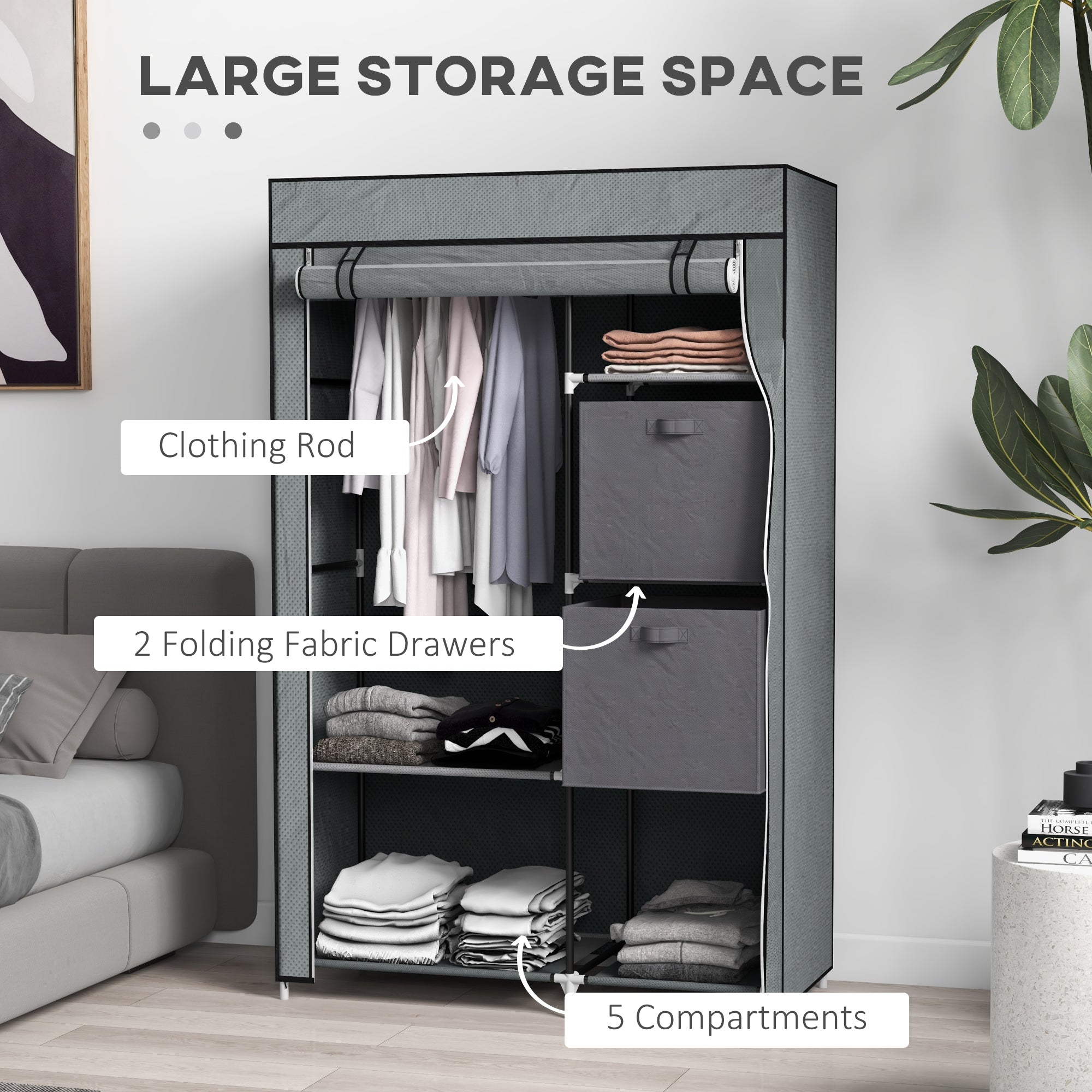 HOMCOM Fabric Wardrobe, Portable Wardrobe, Clothes Storage Unit with 5 Compartments, Hanging Rail and 2 Fabric Drawers, 102 x 42.5 x 162.5cm, Dark Grey - North Peak Garden Furniture