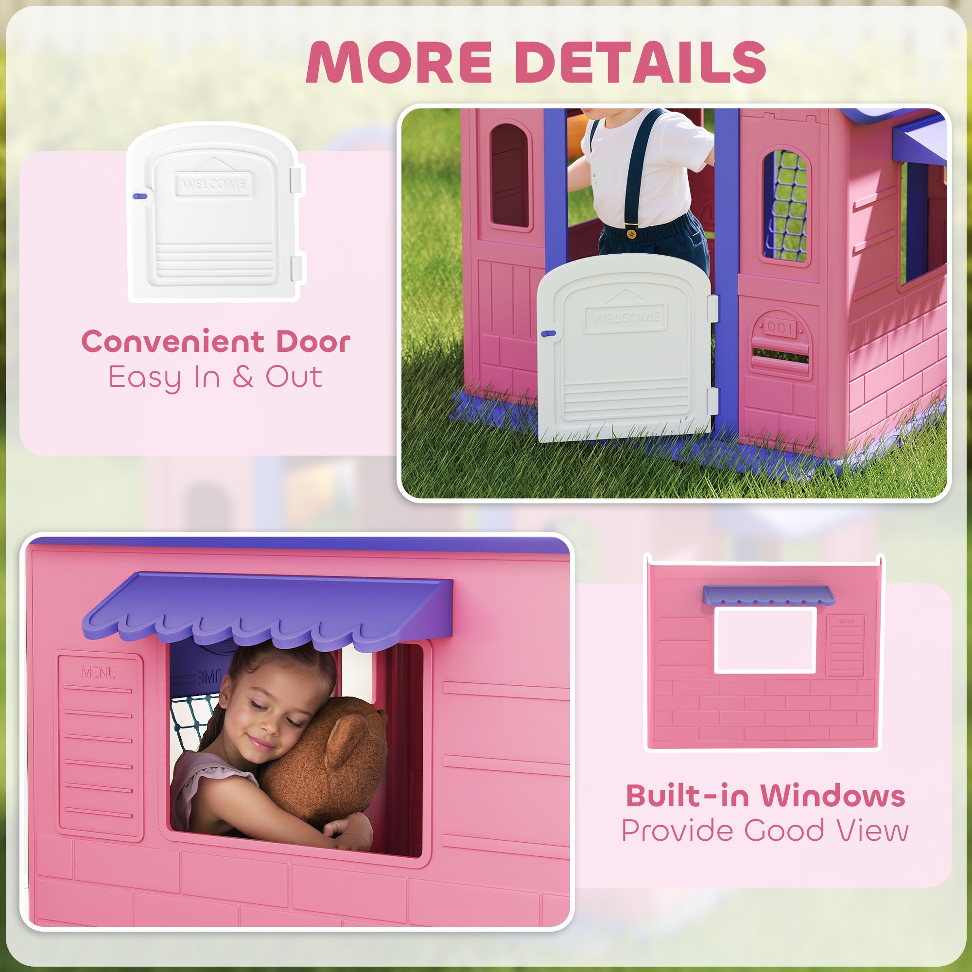 AIYAPLAY 5-in-1 Playhouse for Kids Outdoor Indoor with Basketball Hoop, Football Goal, Dartboard, Ring Toss for 2-5 Years, Pink