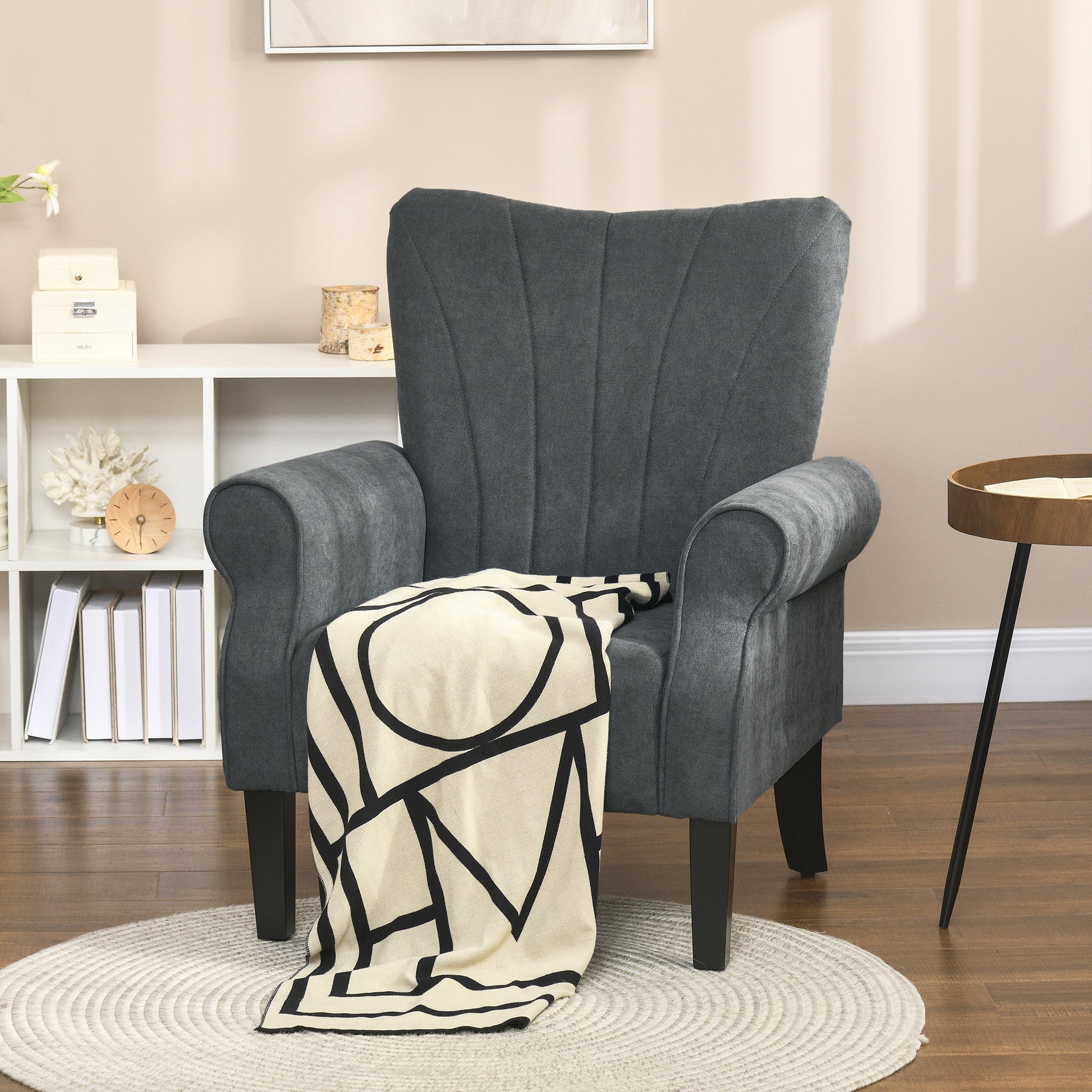 HOMCOM Upholstered Accent Chair with High Back, Rolled Arms and Wood Legs, Soft Thick Padded Armchair, Grey - North Peak Garden Furniture