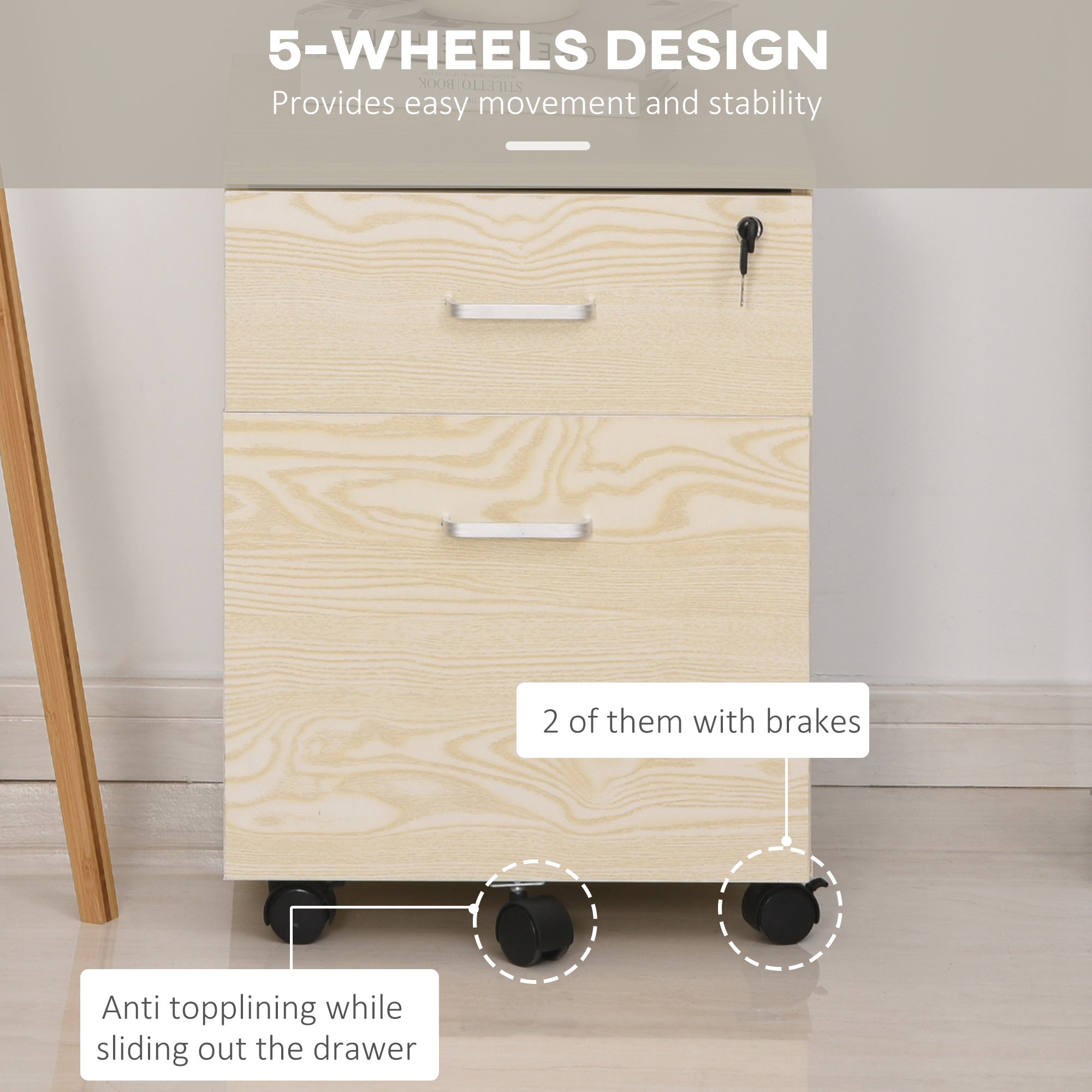 Vinsetto 2-Drawer Locking Office Filing Cabinet w/ 5 Wheels Rolling Storage Hanging Legal Letter Files Cupboard Home Organisation Oak Wood Grain - North Peak Garden Furniture