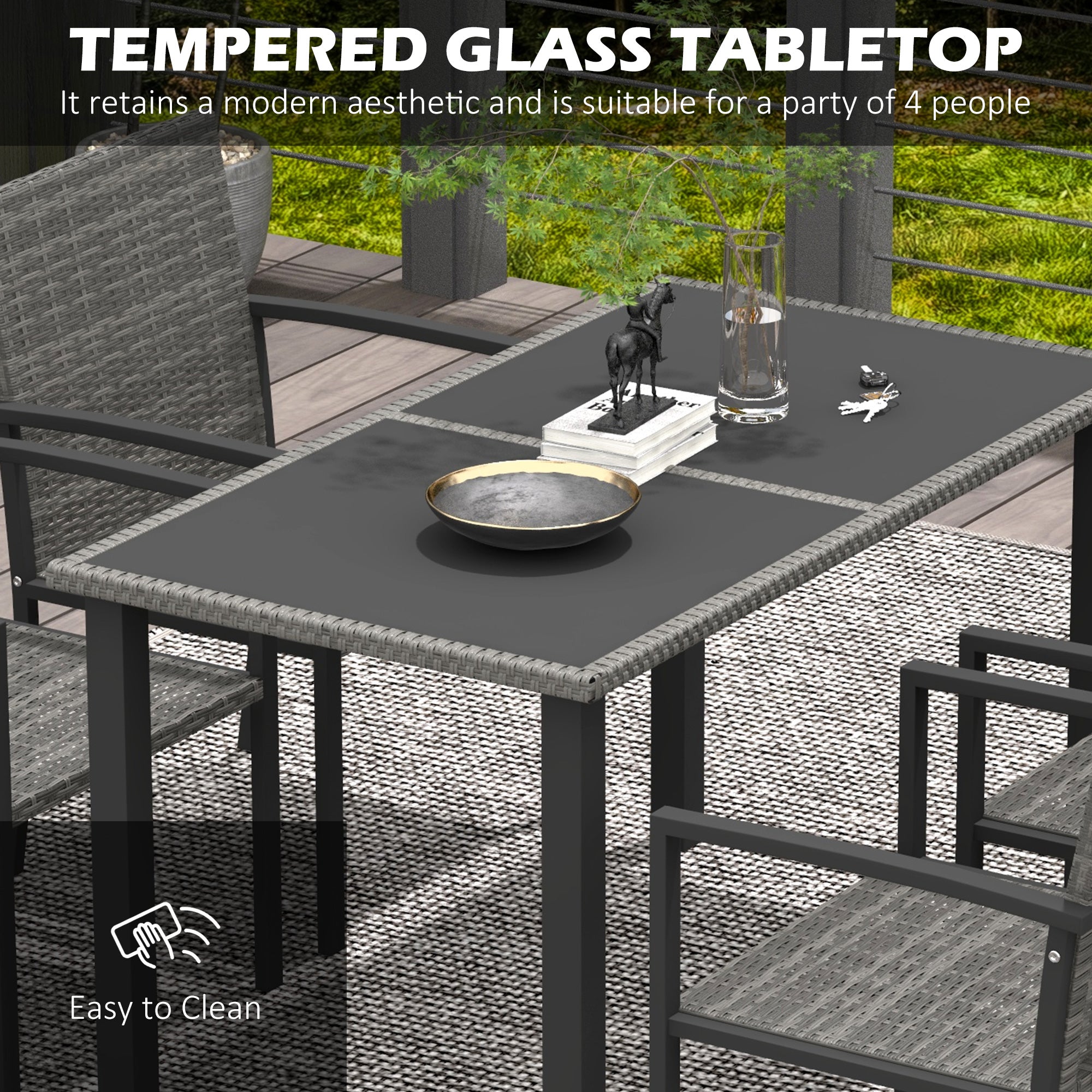 Outsunny Outdoor Dining Set 5 Pieces Patio Conservatory with Tempered Glass Tabletop,4 Dining Chairs - Grey - North Peak Garden Furniture
