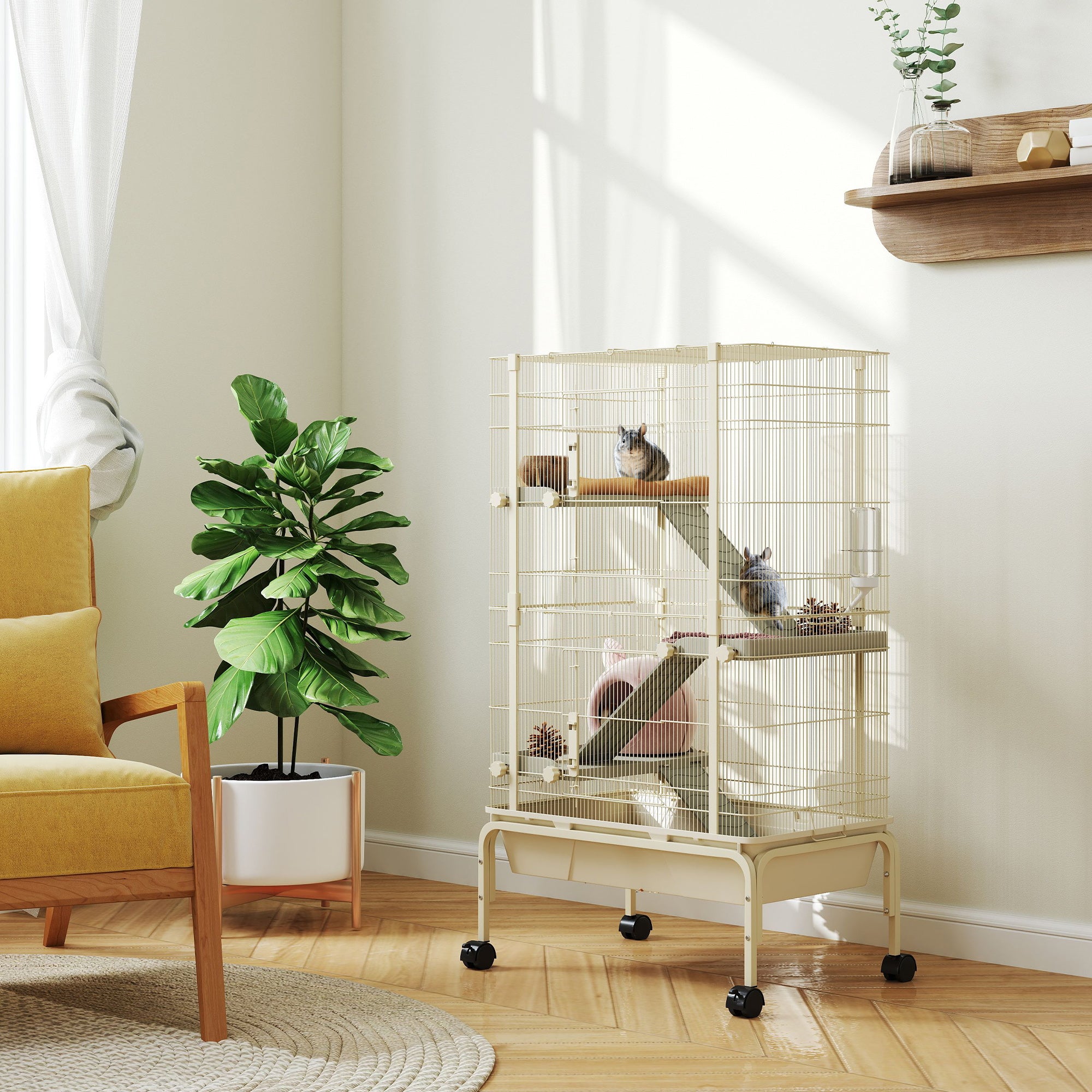 PawHut 4 Levels Rolling Small Animal Cage, Rabbit Cage with 3 Ramps, Water Bottle, Food Dish, 15cm Deep Tray, Beige - North Peak Garden Furniture
