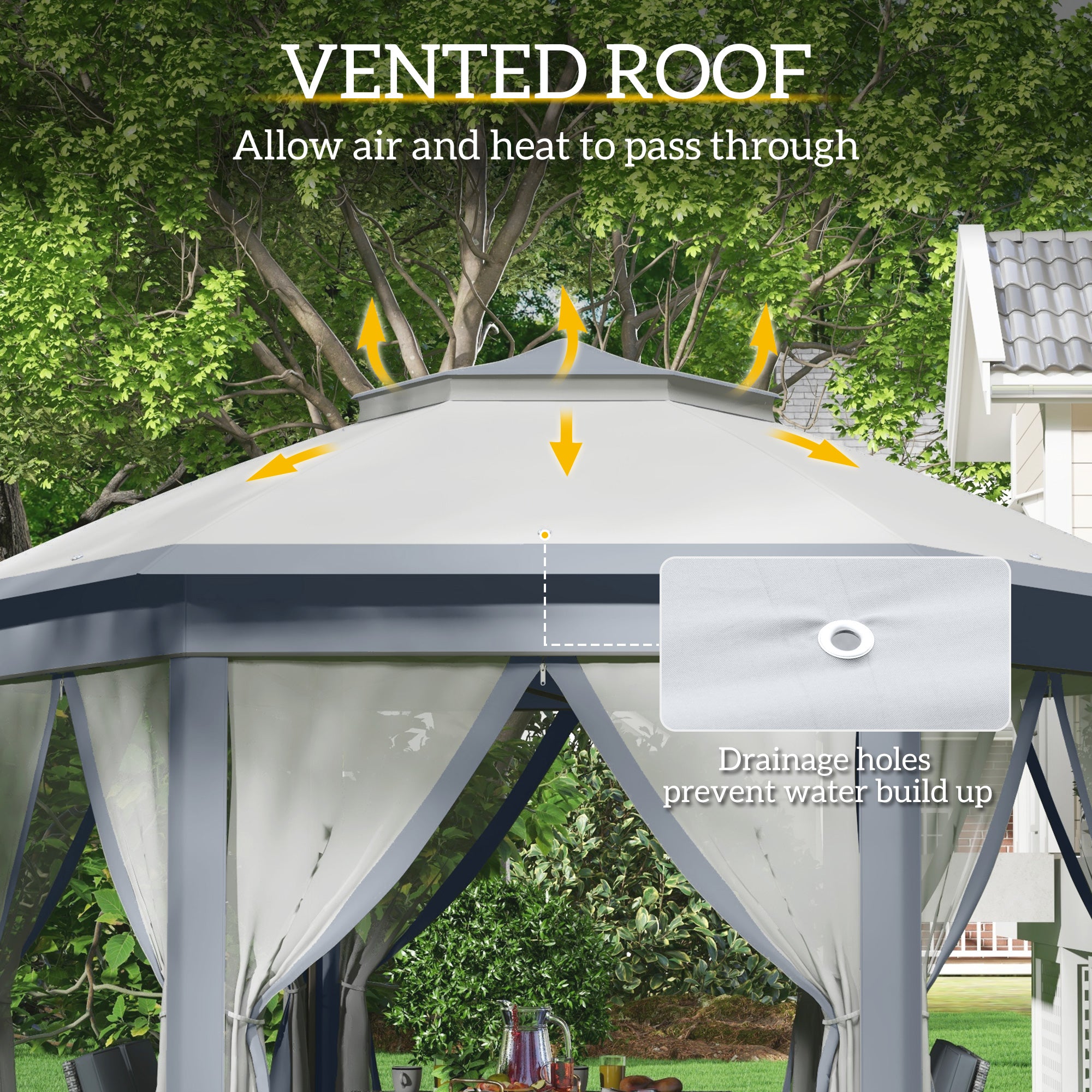 Outsunny 3 x 4m Metal Frame Hexagon Gazebo, with Curtains - Grey - North Peak Garden Furniture