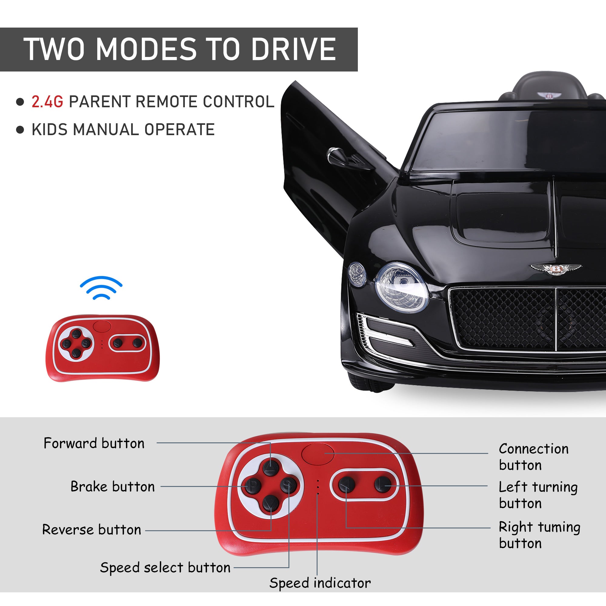 HOMCOM Bentley GT Licensed 12V Kids Electric Ride On Car with Remote Control Two Motors LED Light Music for 3-5 Years Black - North Peak Garden Furniture