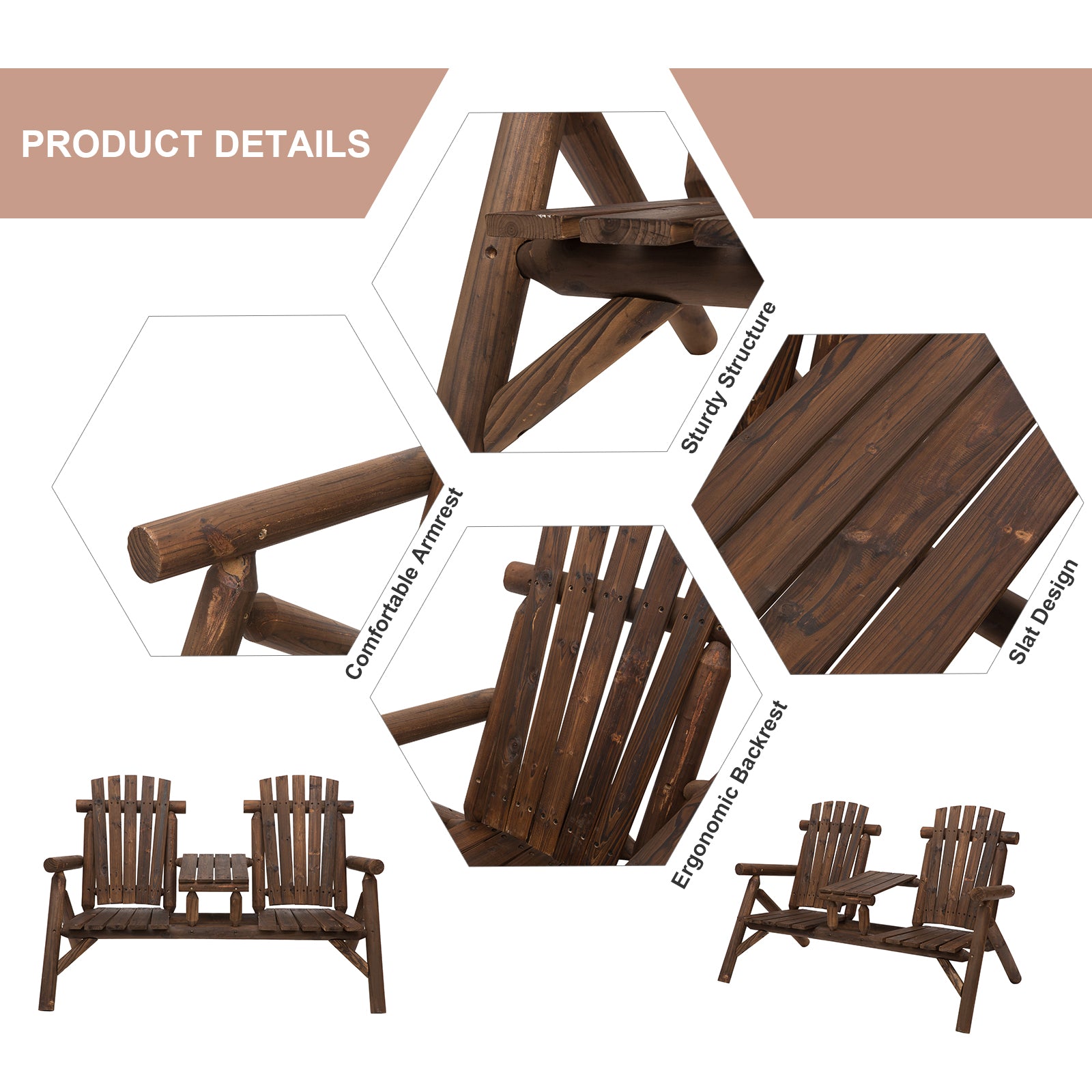 Outsunny Wood Patio Chair Bench 2 Seats Jack and Jill Seat w/ Center Coffee Table, Garden Bench, Carbonized - North Peak Garden Furniture