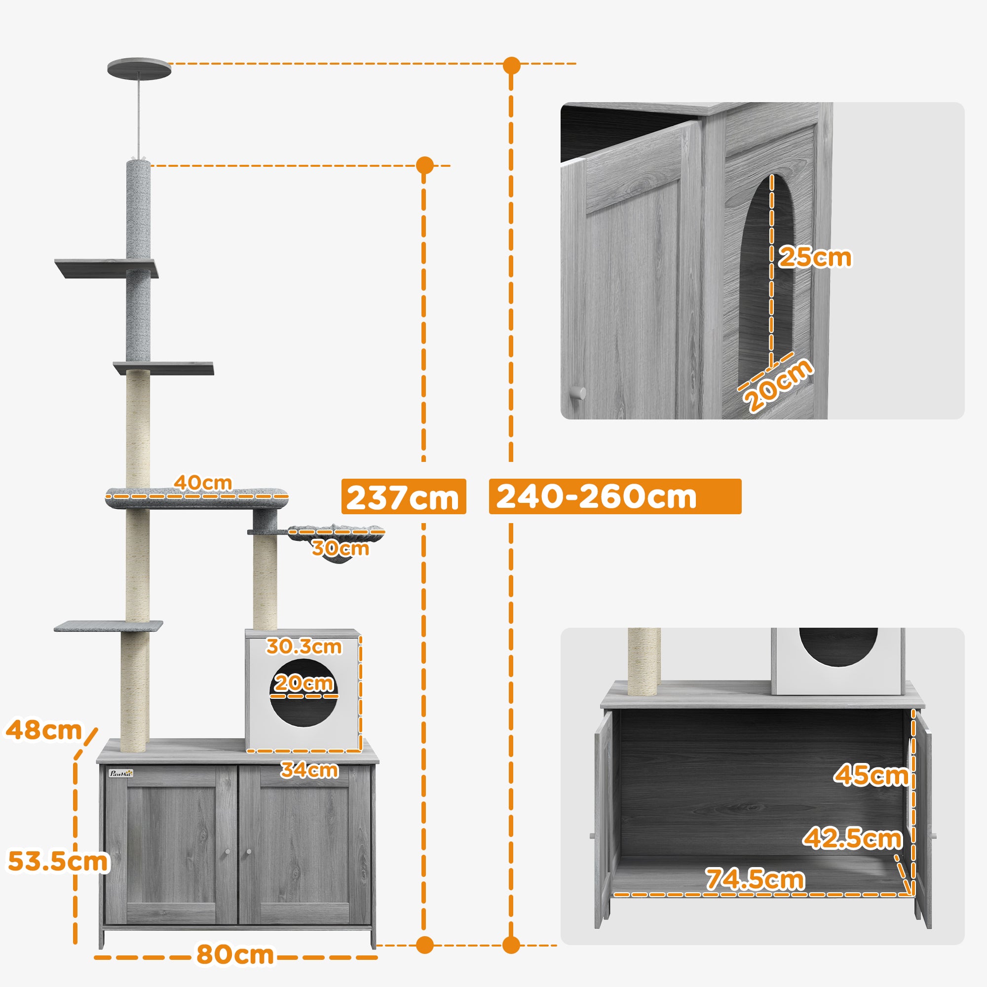 PawHut 2-in-1 Floor-To-Ceiling Cat Tree with Hidden Litter Box, for Indoor Use - Grey