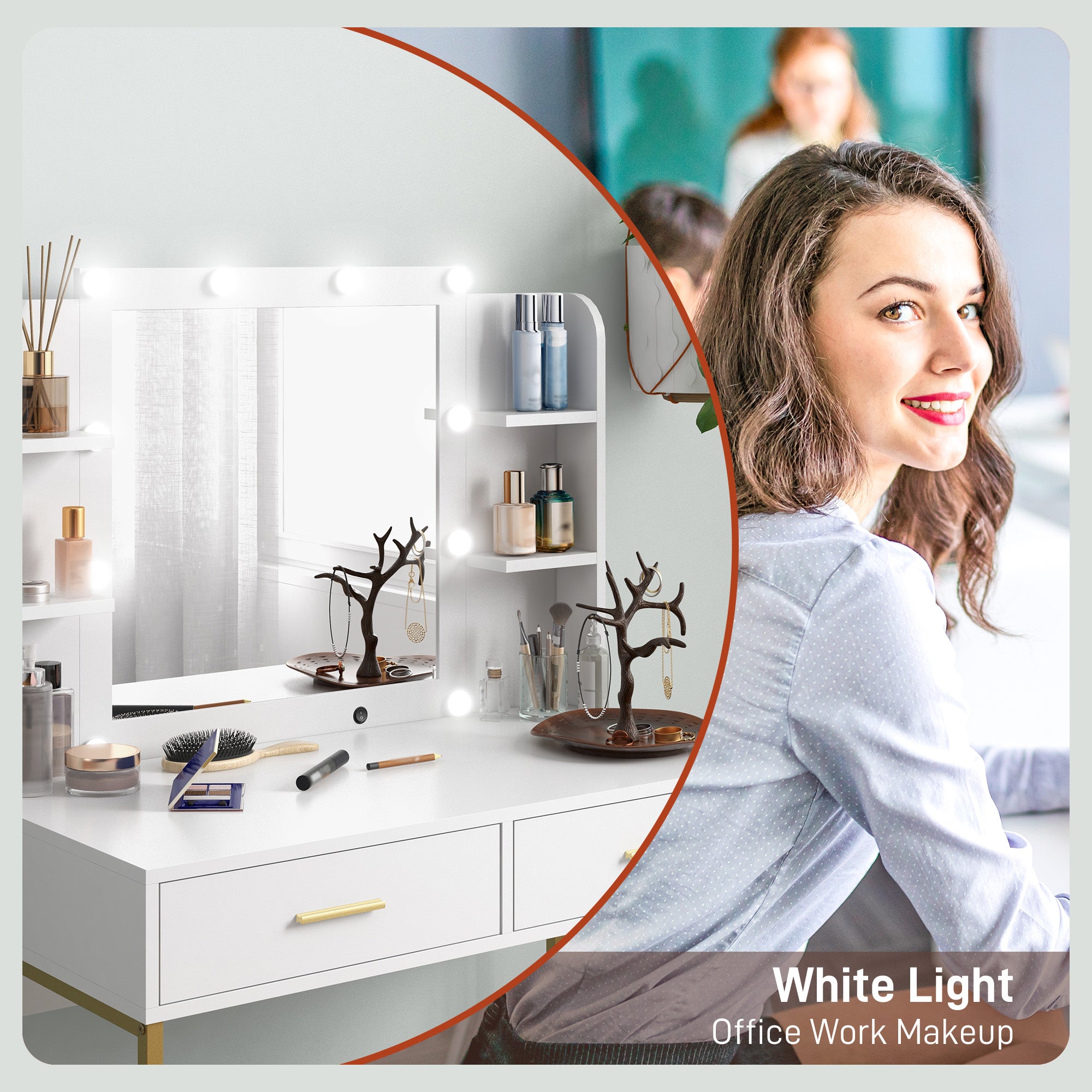 HOMCOM Dressing Table with Lighted Mirror, Cushioned Stool, Drawers, Shelves, LED Makeup Vanity Desk Set, Modern Dresser Vanity Table for Bedroom, White - North Peak Garden Furniture