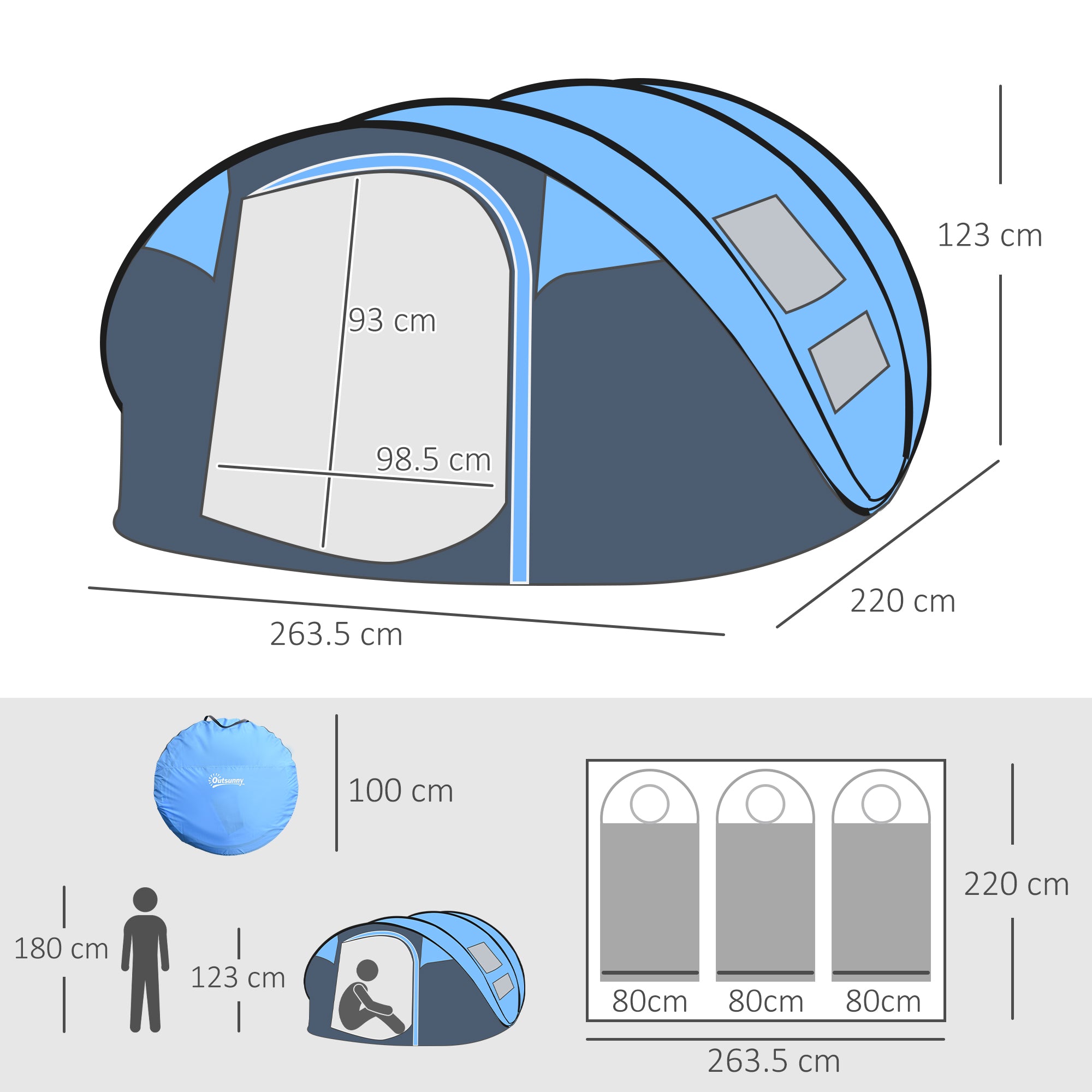 Outsunny 4-5 Person Pop-up Camping Tent Waterproof Family Tent w/ 2 Mesh Windows & PVC Windows Portable Carry Bag for Outdoor Trip, Sky Blue - North Peak Garden Furniture