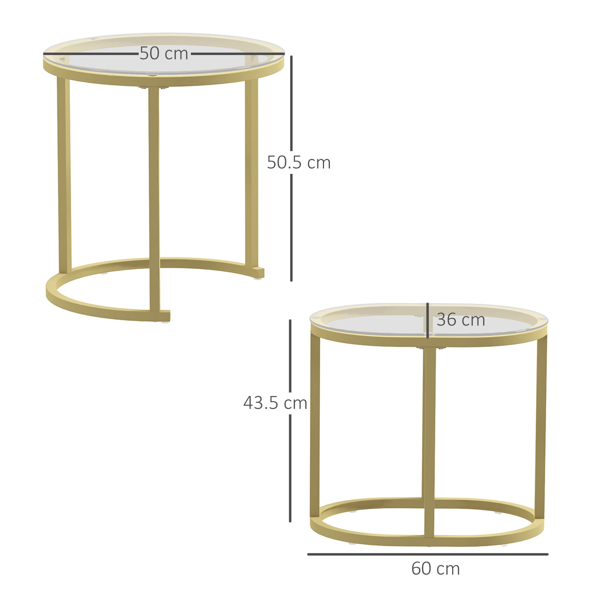 HOMCOM Modern Coffee Table Set of 2, Nest of Tables with Steel Frame and Tempered Glass Tabletop, Side Tables for Living Room Bedroom, Clear - North Peak Garden Furniture