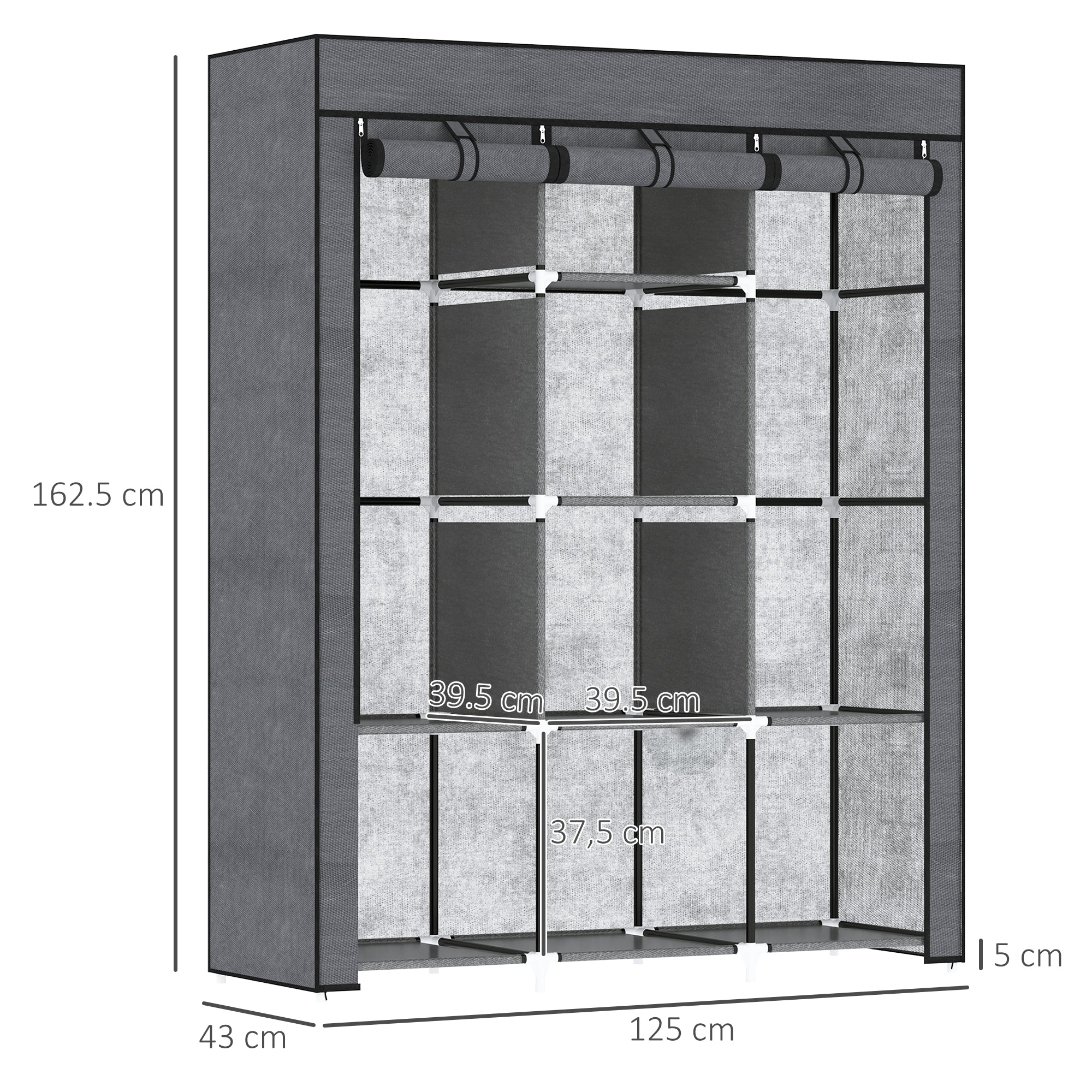 HOMCOM Fabric Wardrobe, Portable Wardrobe, Clothes Storage Unit with 8 Shelves, 2 Hanging Rods, 125 x 43 x 162.5 cm, Dark Grey - North Peak Garden Furniture