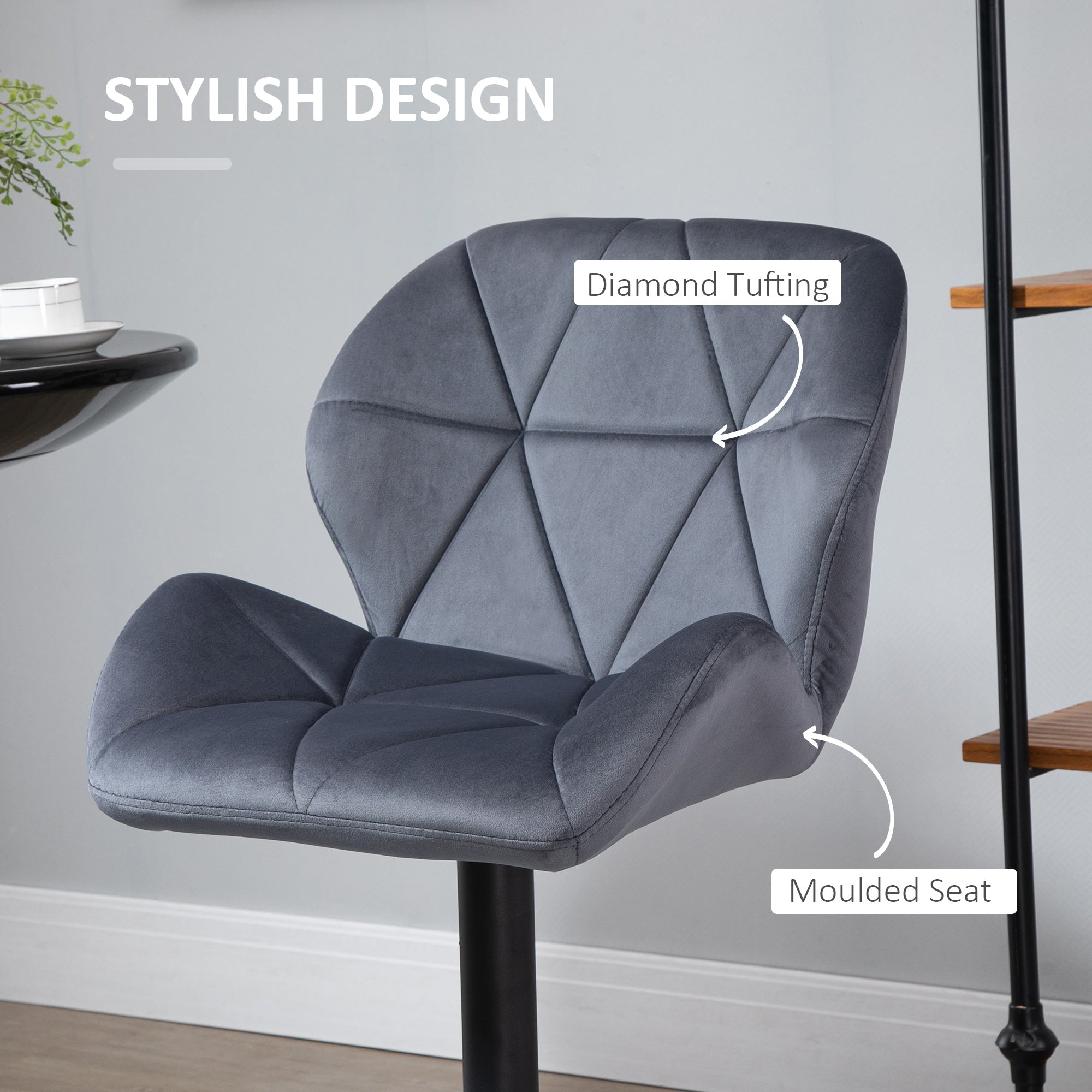 HOMCOM Adjustable Bar Stools Set of 2, Armless Upholstered Swivel Counter Chairs, Barstools with Back, Footrest, Dark Grey - North Peak Garden Furniture