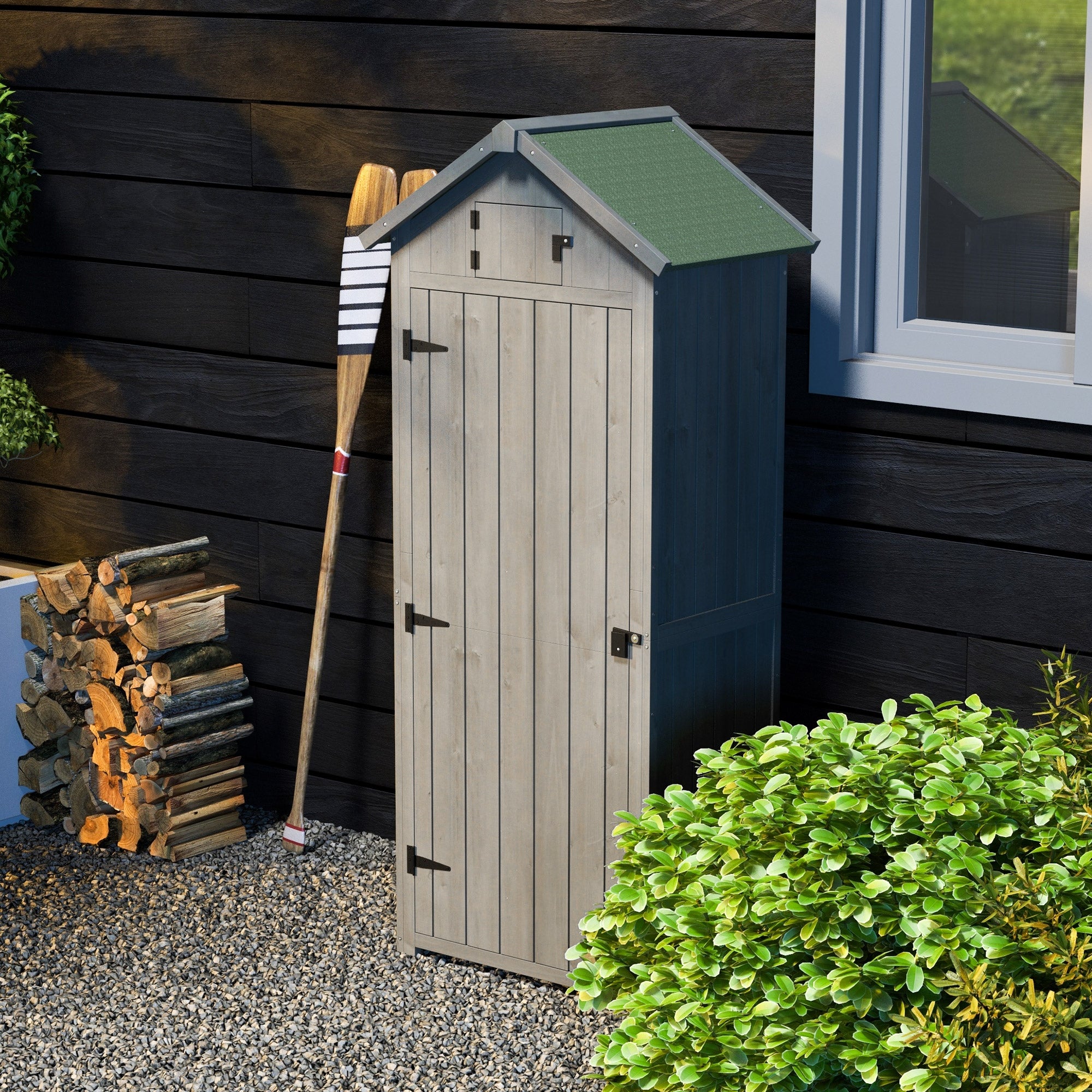 Outsunny Wooden Garden Shed, Utility Outdoor Small Shed with Lockable Double Doors, Shelves and Roof Hatch, Grey - North Peak Garden Furniture