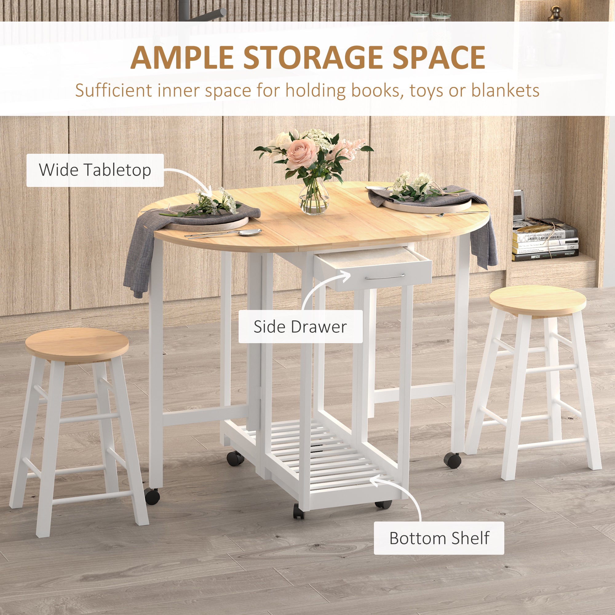 HOMCOM 3PC Wooden Kitchen Cart Mobile Rolling Trolley Folding Bar Table Two Stools Dining Chair Storage Shelf w/2 Drawers & 6 Wheels - North Peak Garden Furniture