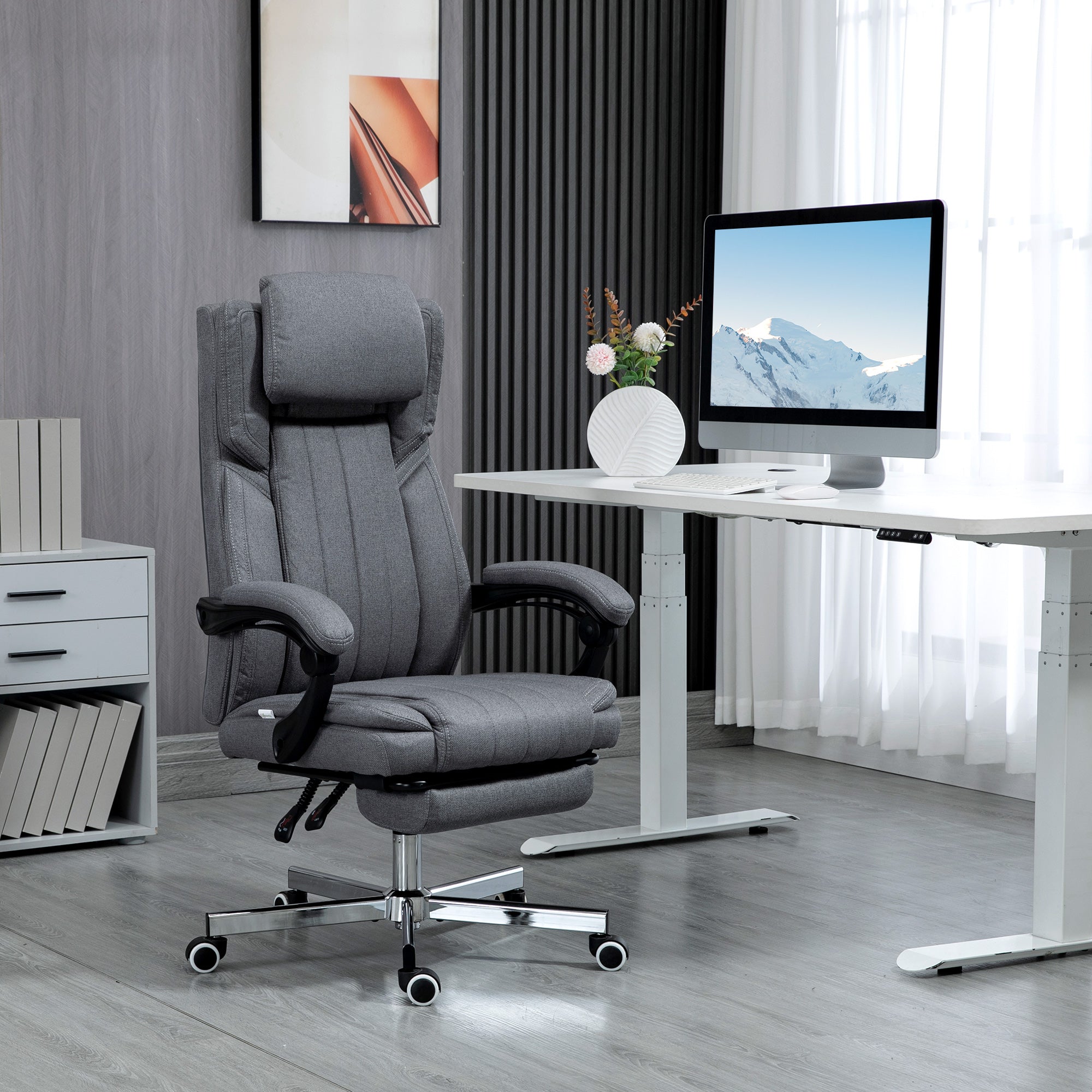 HOMCOM High Back Computer Desk Chair, Executive Office Chair with Adjustable Headrest, Footrest, Reclining Back, Dark Grey - North Peak Garden Furniture