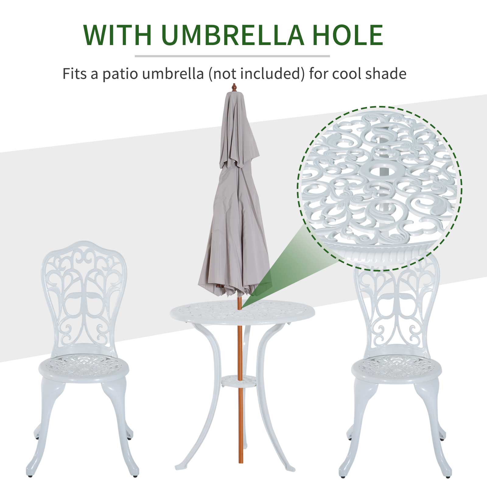 Outsunny 3 Pieces Antique Garden Bistro Set for 2, Cast Aluminium Garden Furniture Set with Umbrella Hole, White - North Peak Garden Furniture