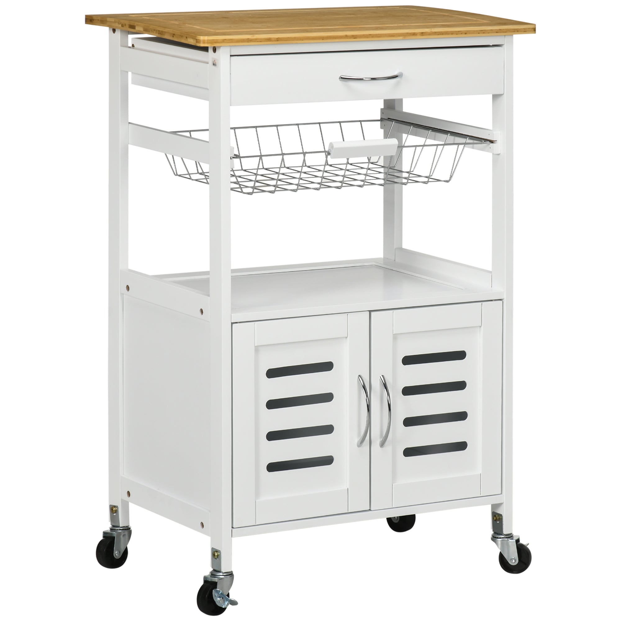 HOMCOM Rolling Kitchen Island Trolley Utility Cart on Wheels with Bamboo Table Top, Storage Cabinet, Drawer and Wire Basket - North Peak Garden Furniture