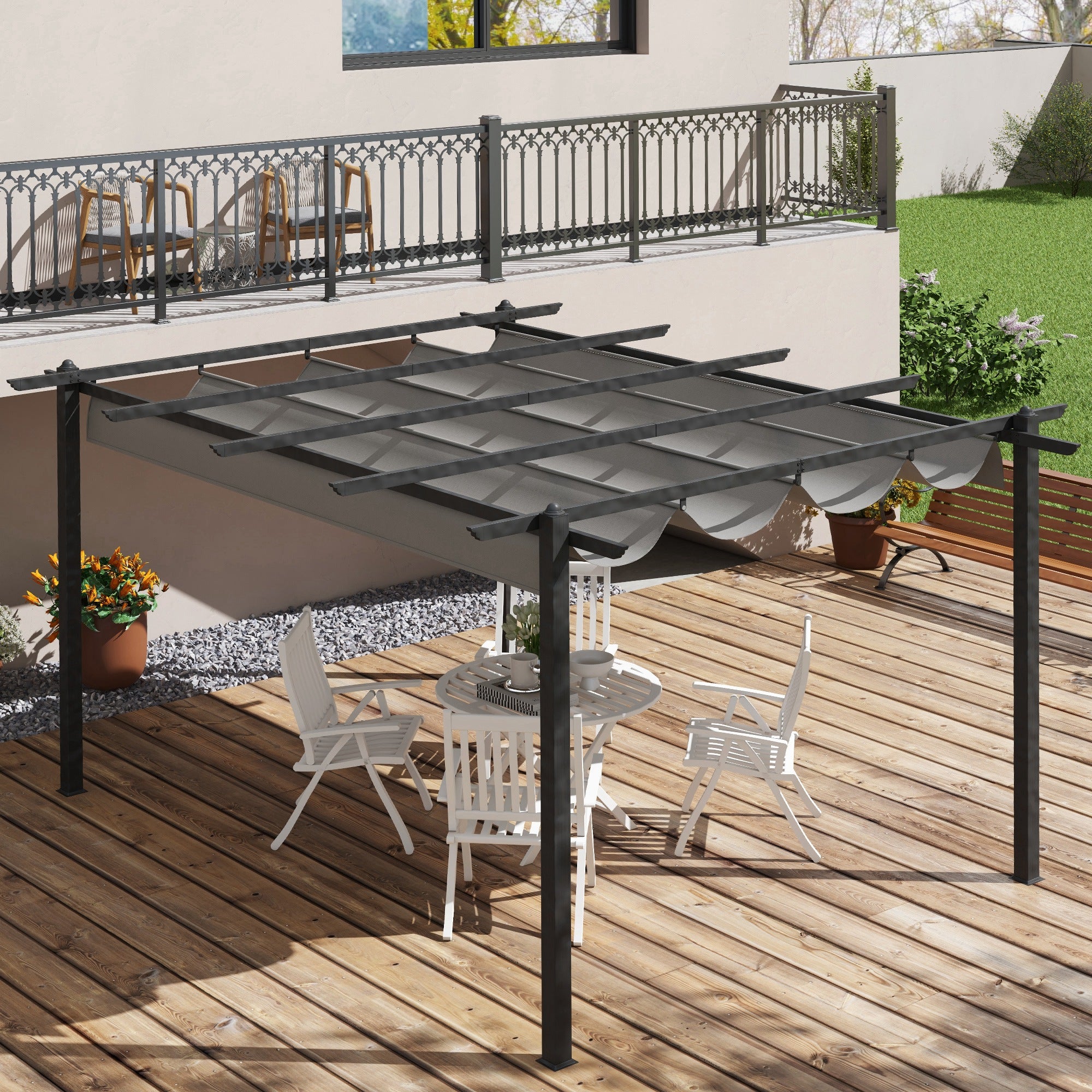 Outsunny 4 x 3(m) Aluminium Pergola with Retractable Roof, Garden Gazebo Canopy Shelter for Outdoor, Patio, Grey - North Peak Garden Furniture