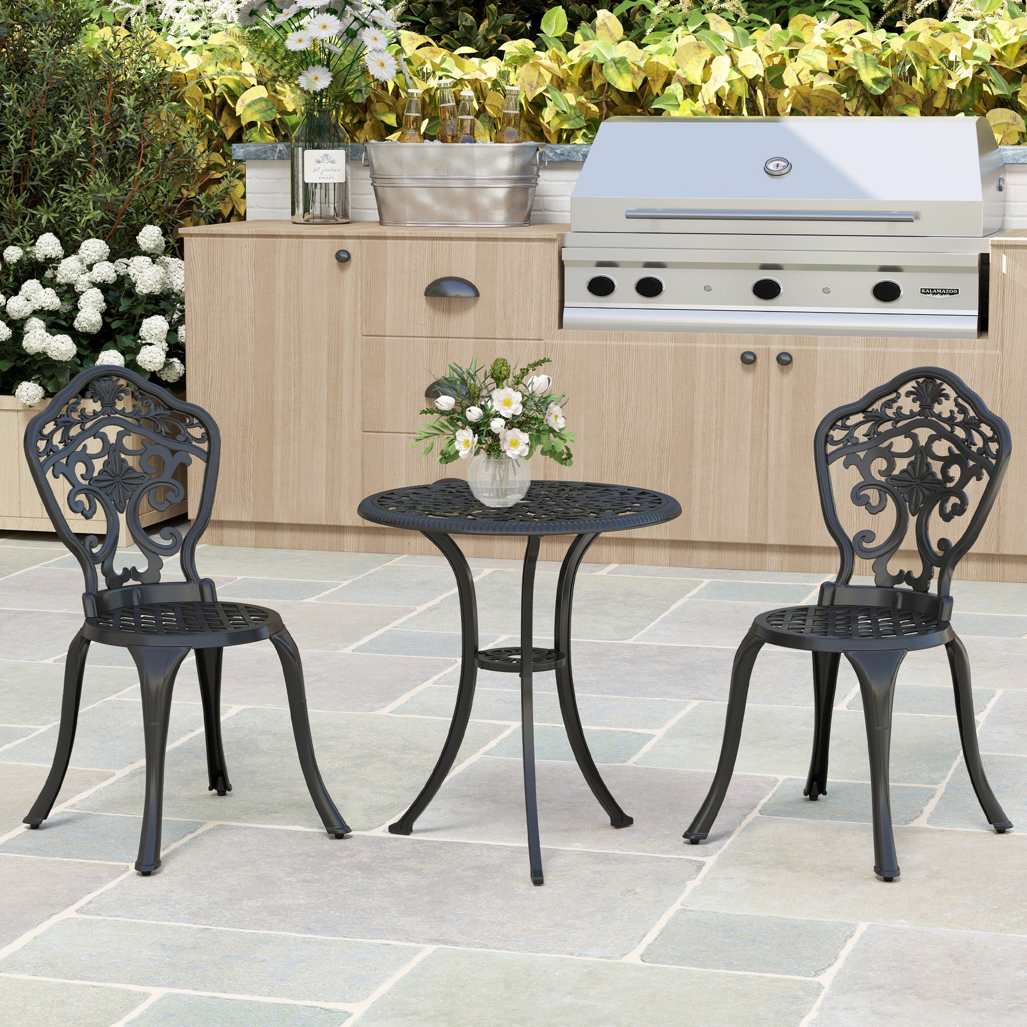 Outsunny Three-Piece Aluminium Floral Bistro Set - Black - North Peak Garden Furniture