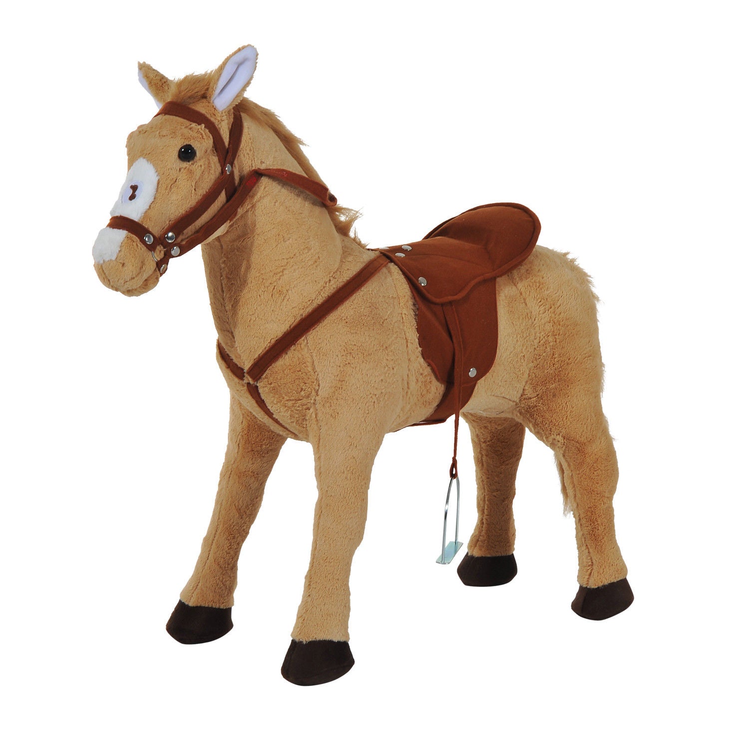 HOMCOM Kids Ride On Standing Horse Cuddly Toy Children Plush Soft Pony Gift w/ Neigh Sound or 3 Years and Up Beige - North Peak Garden Furniture