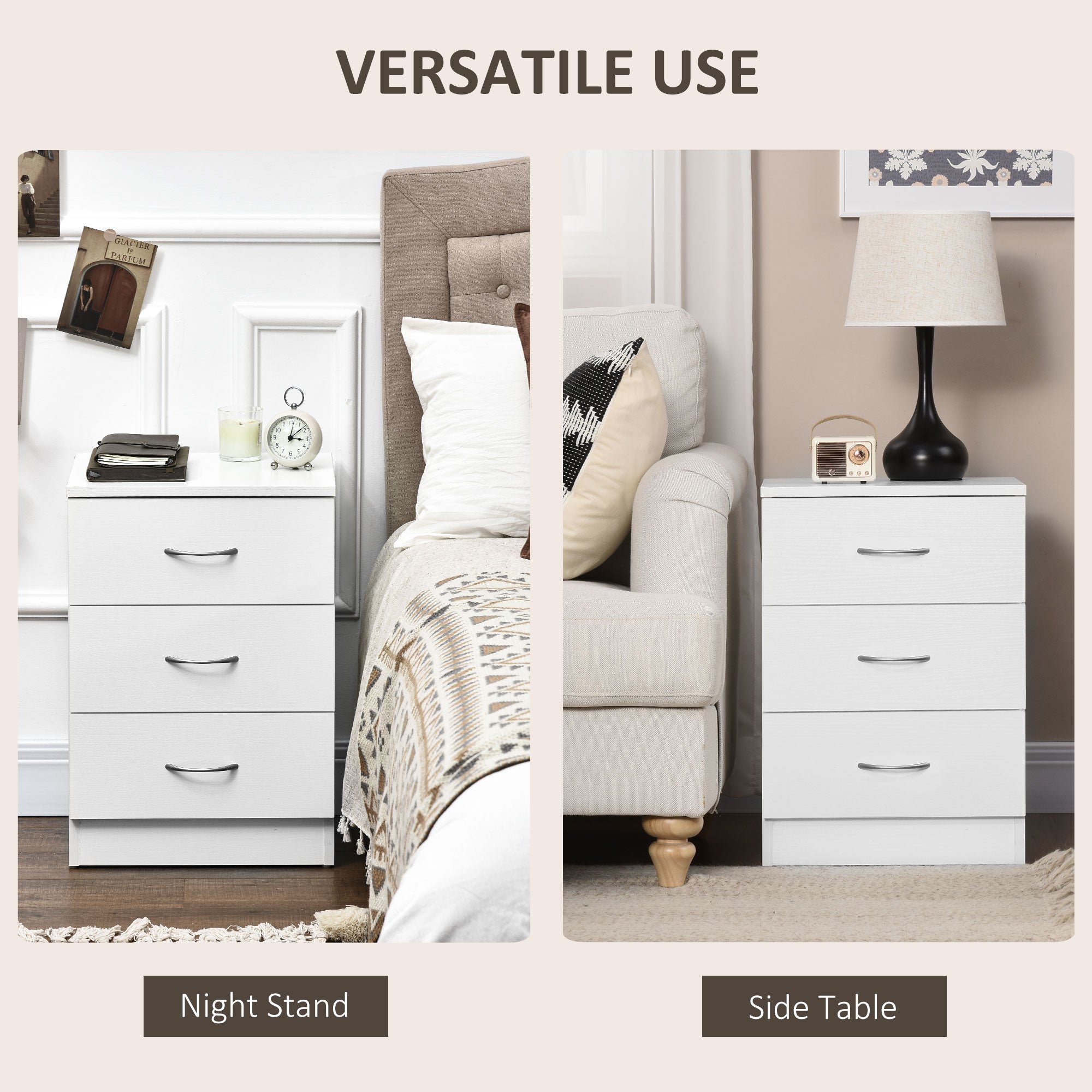 HOMCOM Three-Drawer Simple Bedside Table - White - North Peak Garden Furniture