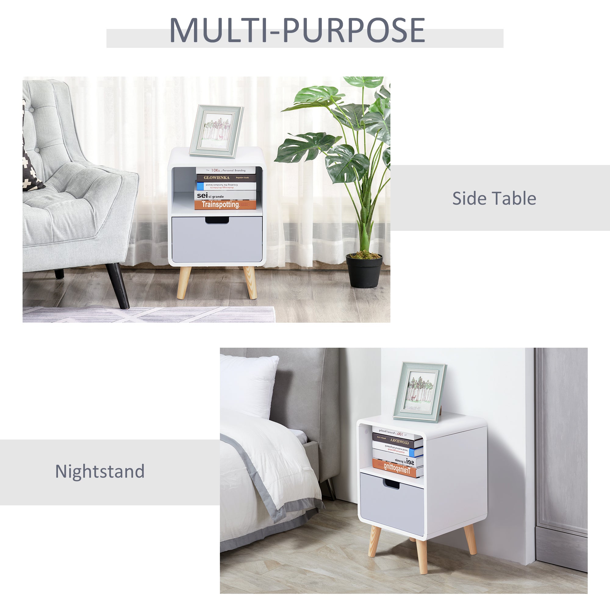 HOMCOM Wooden Bedside Table End Nightstand With Drawer Wood Lamp Desk Storage Unit Bedroom Scandinavian Nordic Style - North Peak Garden Furniture