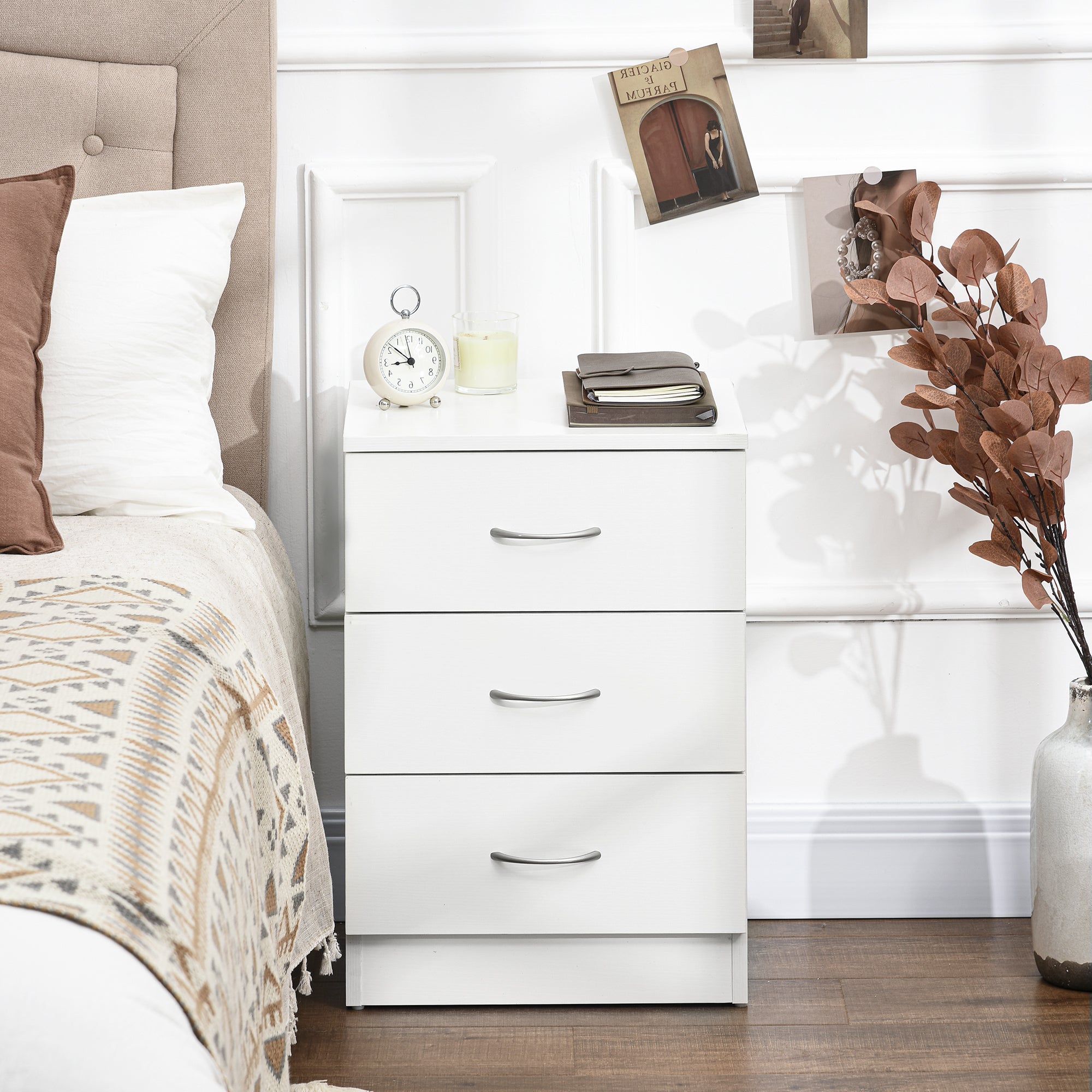 HOMCOM Three-Drawer Simple Bedside Table - White - North Peak Garden Furniture