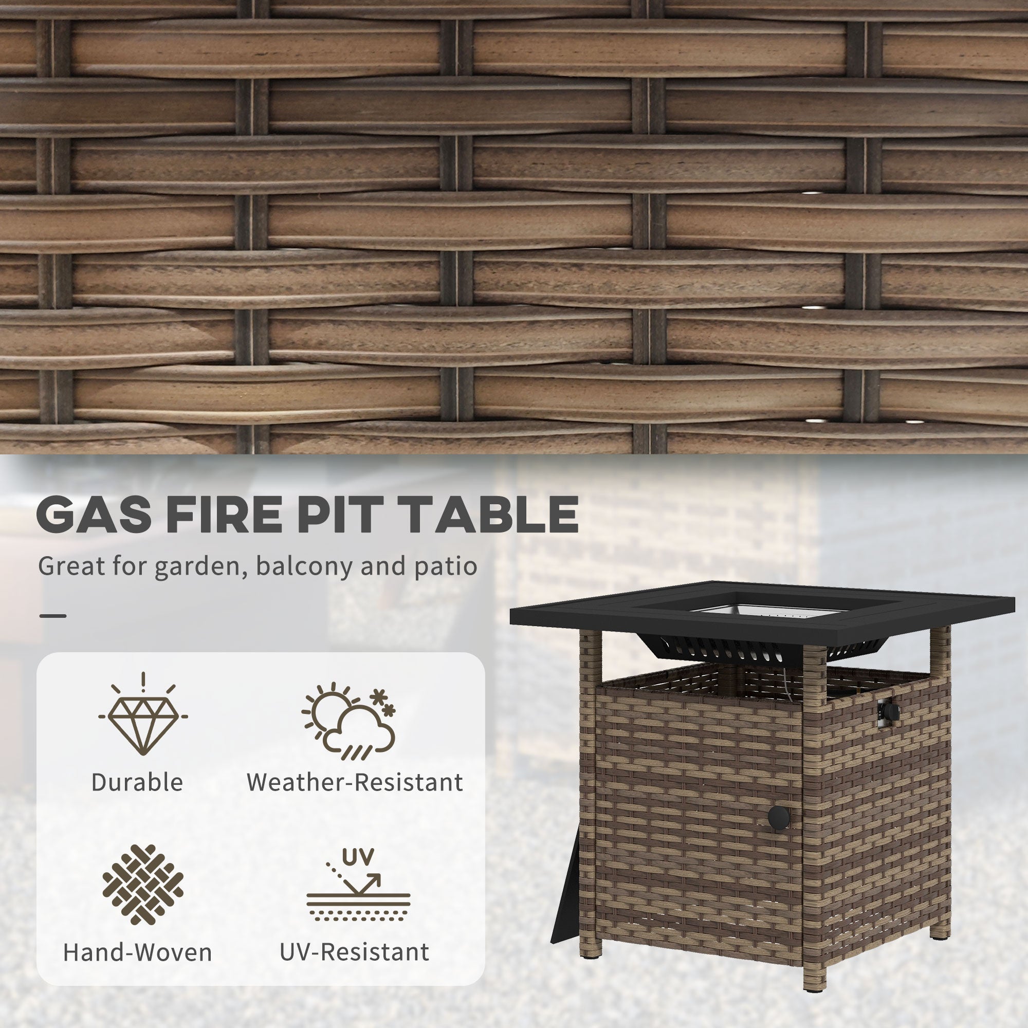Outsunny 72.5 x 72.5cm 50,000 BTU Fire Pit Table, with Cover - Brown - North Peak Garden Furniture