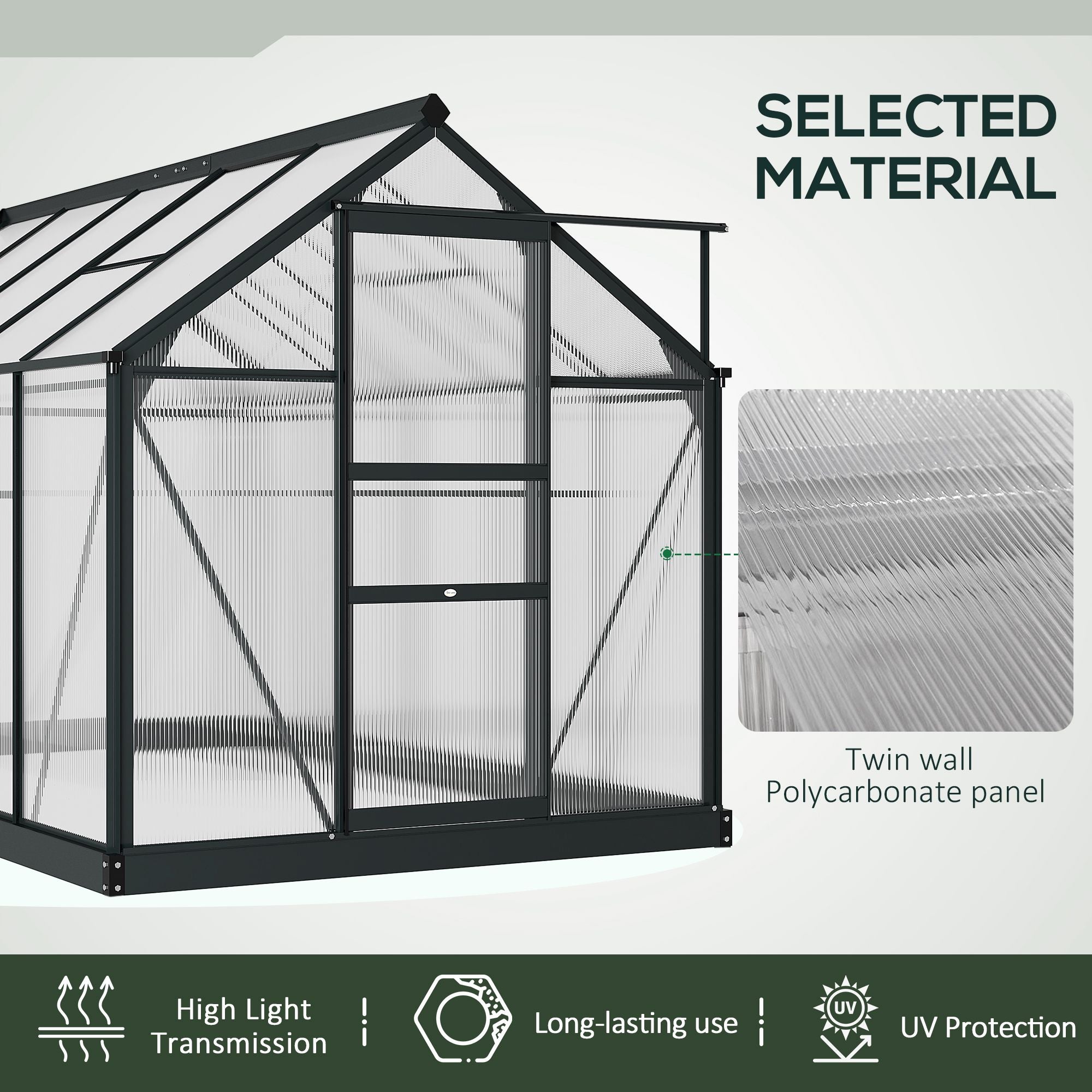 Outsunny 6 x 10ft Polycarbonate Greenhouse, Large Walk-In Green House with Slide Door and Window, Garden Plants Grow House with Aluminium Frame and Foundation, Grey - North Peak Garden Furniture